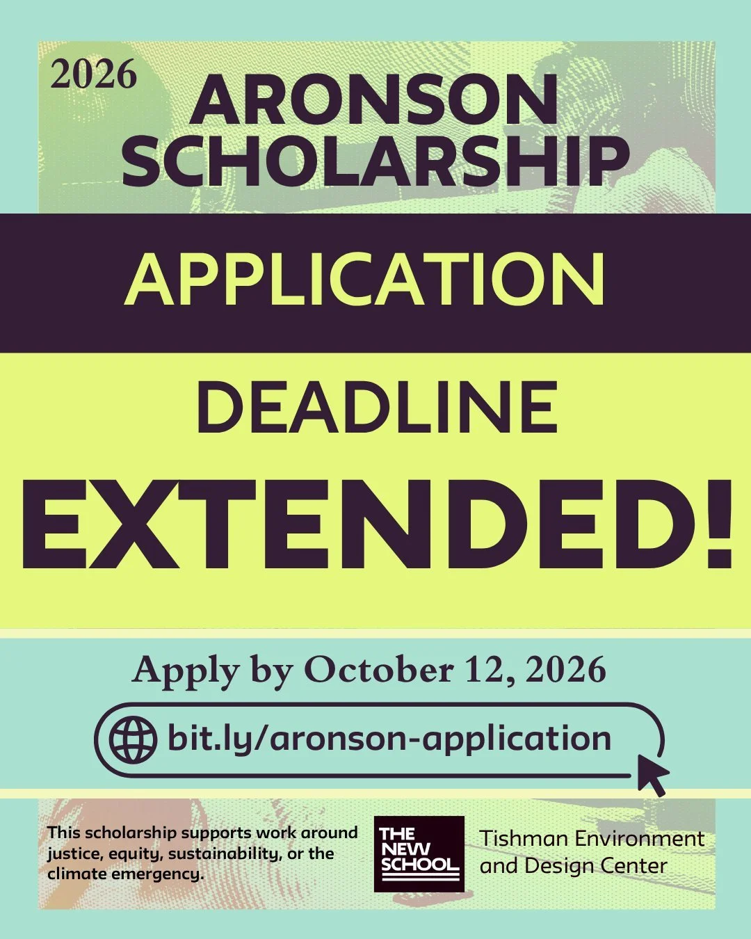 APPLICATION DEADLINE EXTENDED! 🚨

📅 Apply by October 12, 2026, 11:59 PM ET
🔗bit.ly/aronson-application 

This is your reminder to finish your Aronson Scholarship application.

If your work engages environmental or climate justice, climate change, 