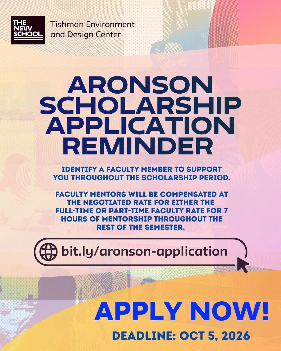 Working on your Aronson Scholarship application? Don't forget your faculty mentor. 🤝

Applicants are asked to identify a New School faculty mentor who will support them during the scholarship period.

You'll also need to submit:

📄 Resume or CV
✉️ 
