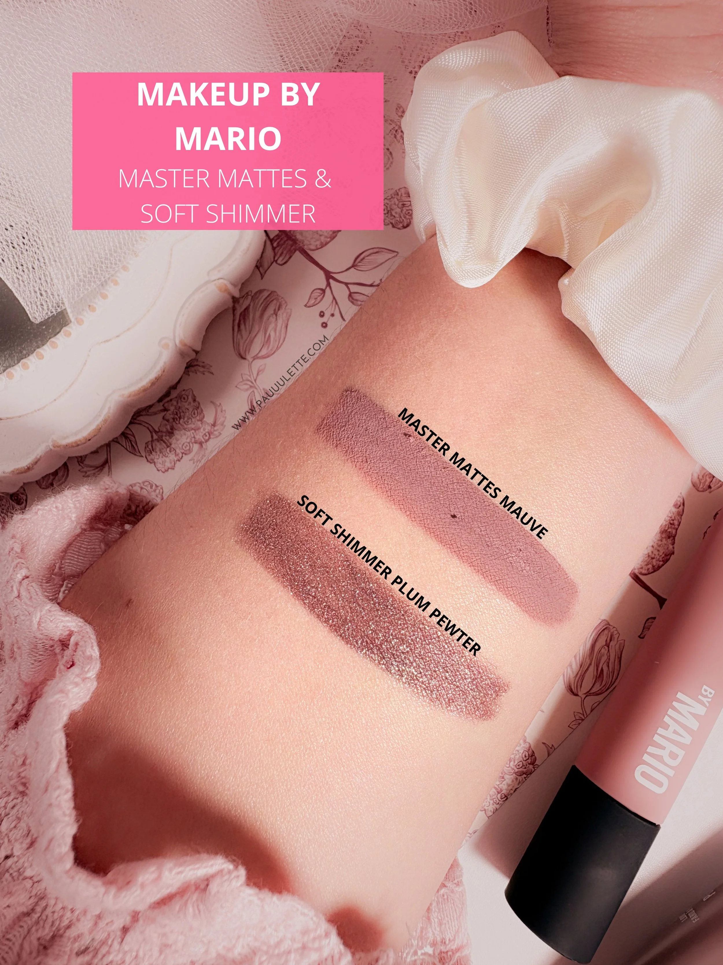 Zoom sur les swatches sur peau claire des fards à paupières crème Master Mattes Mauve et Soft Shimmer Plum Pewter de Makeup by Mario