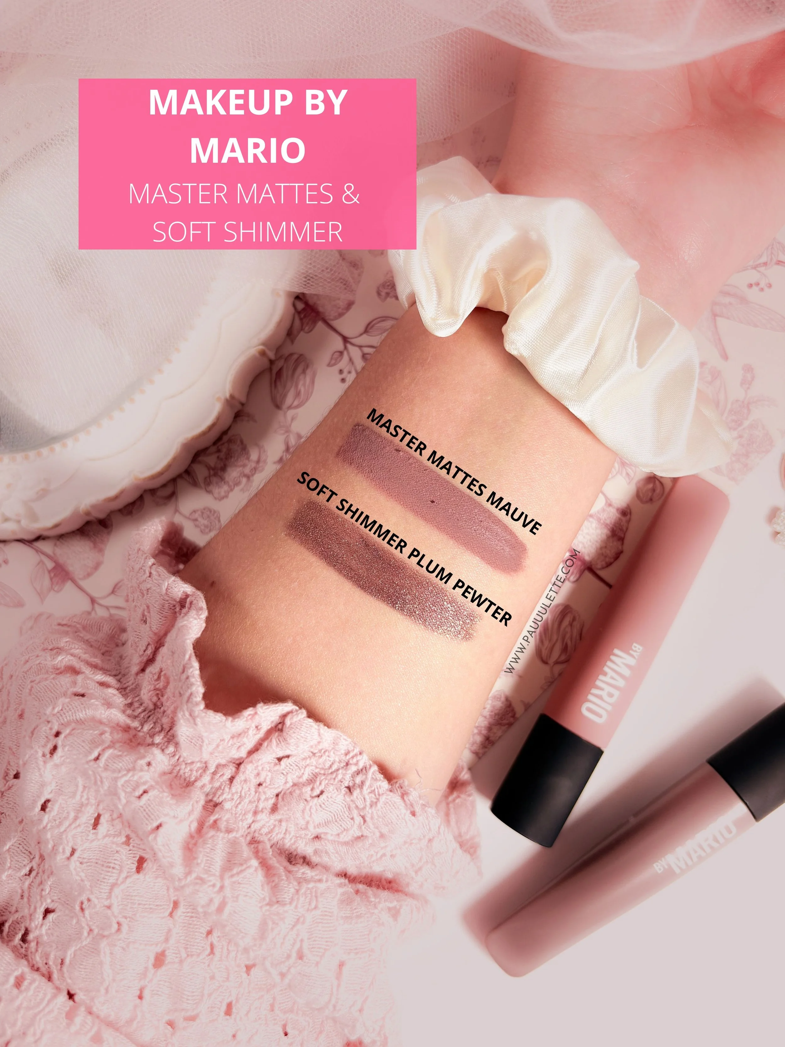 Swatches sur peau claire des fards à paupières crème Master Mattes Mauve et Soft Shimmer Plum Pewter de Makeup by Mario