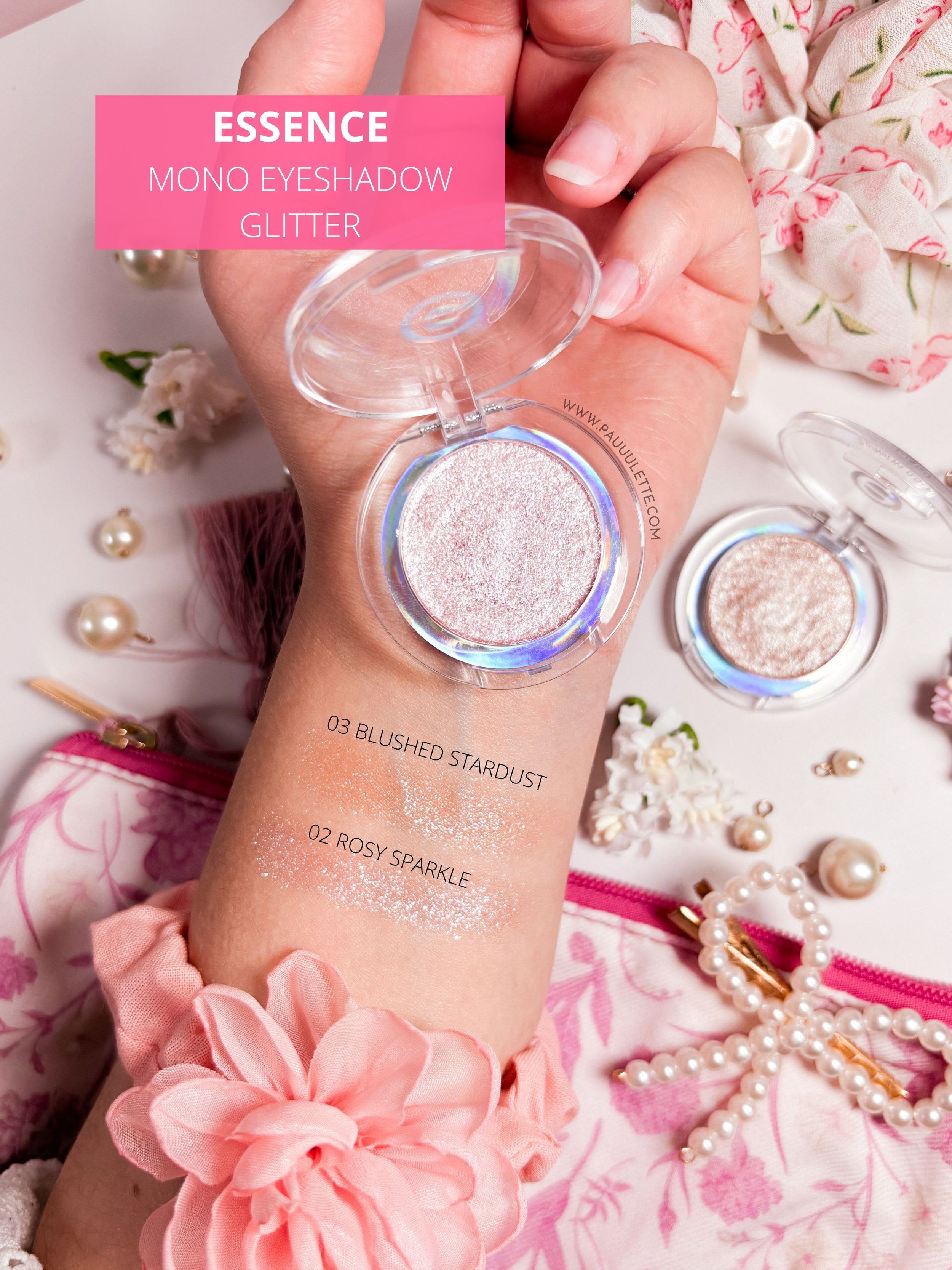 Swatches des Mono Eyeshadow Glitter Essence, teintes 02 Rosy Sparkle et 03 Blushed Stardust