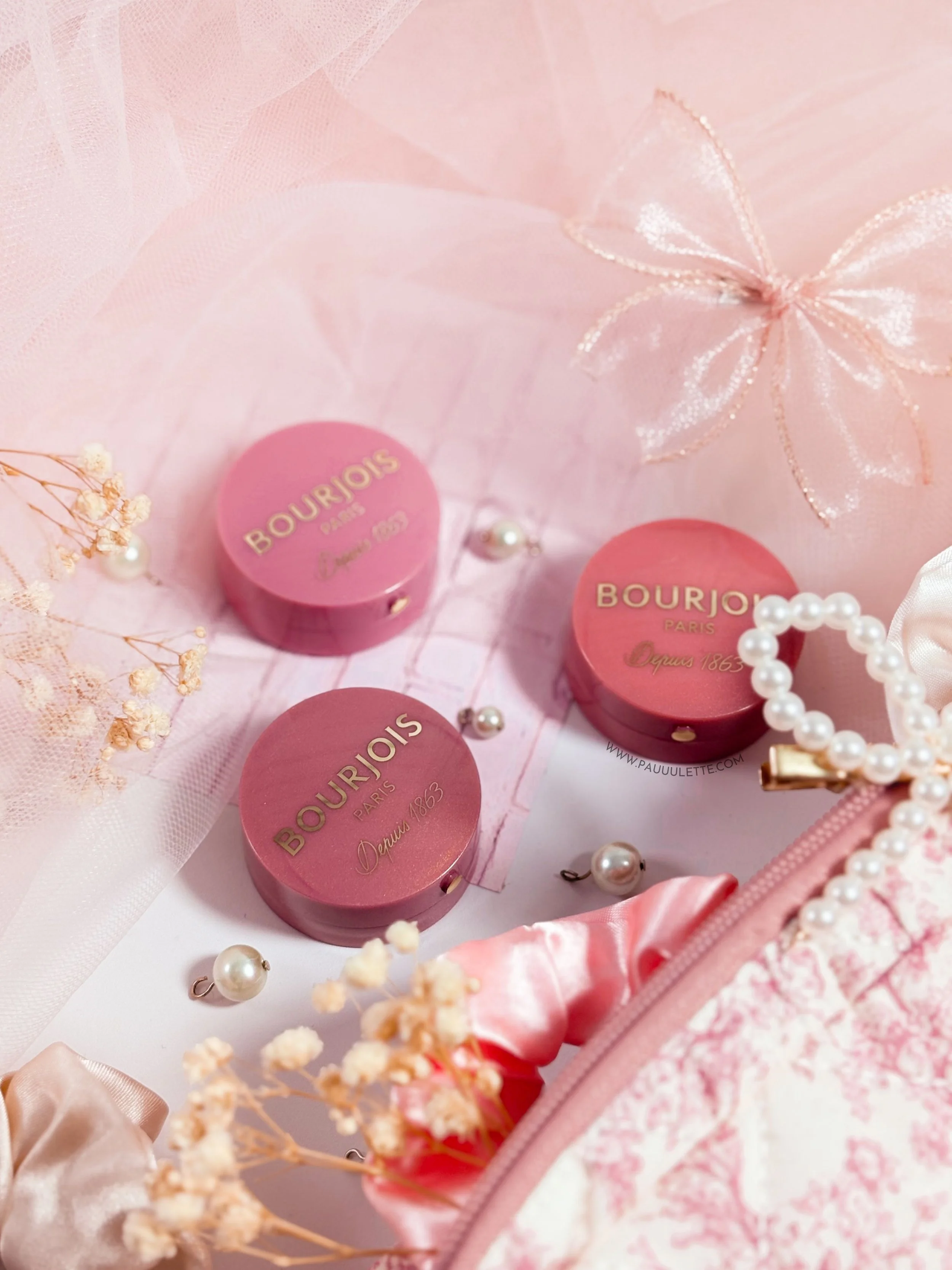 Blush Boîte Ronde Bourjois fermés teintes 33 Lilas d'Or, 34 Rose d'Or et 95 Rose de Jaspe