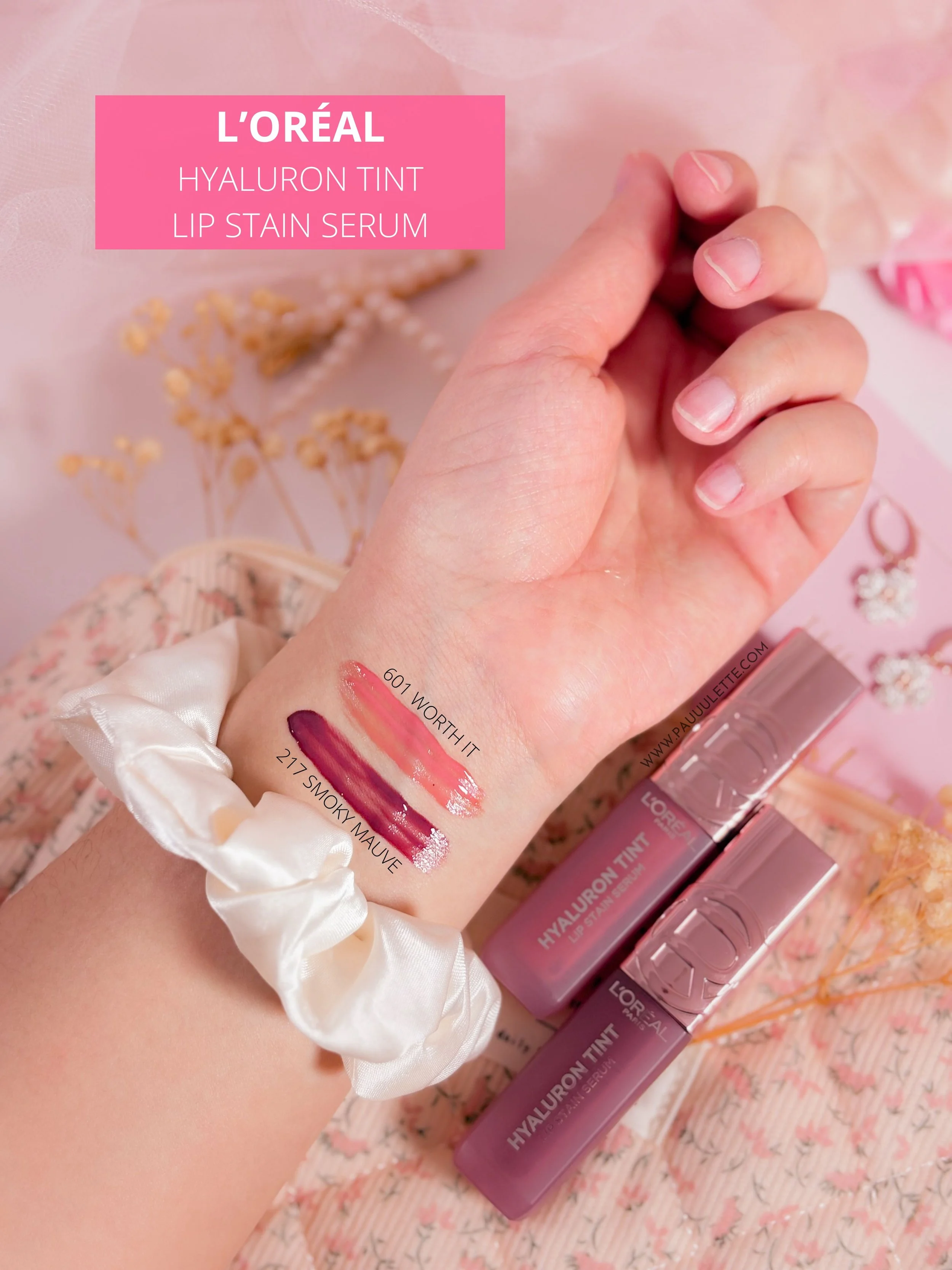 Swatches des Hyaluron Tint Lip Stain Serum en teinte 601 Worth It et 217 Somky Mauve