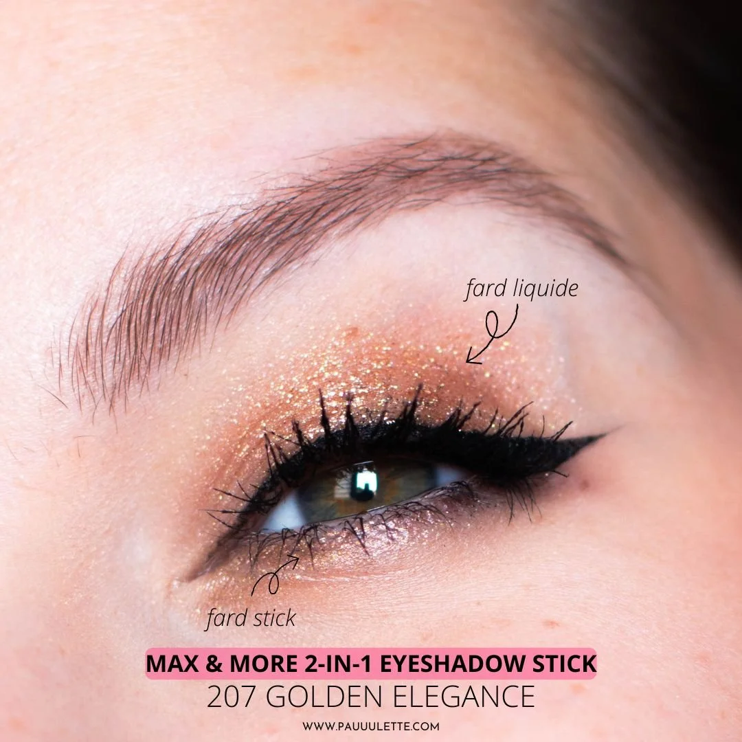 Maquillage yeux avec fard liquide Max & More 2 en 1 Eyeshadow Stick 207 Golden Elegance sur paupière mobile et fard stick en ras de cils inférieur