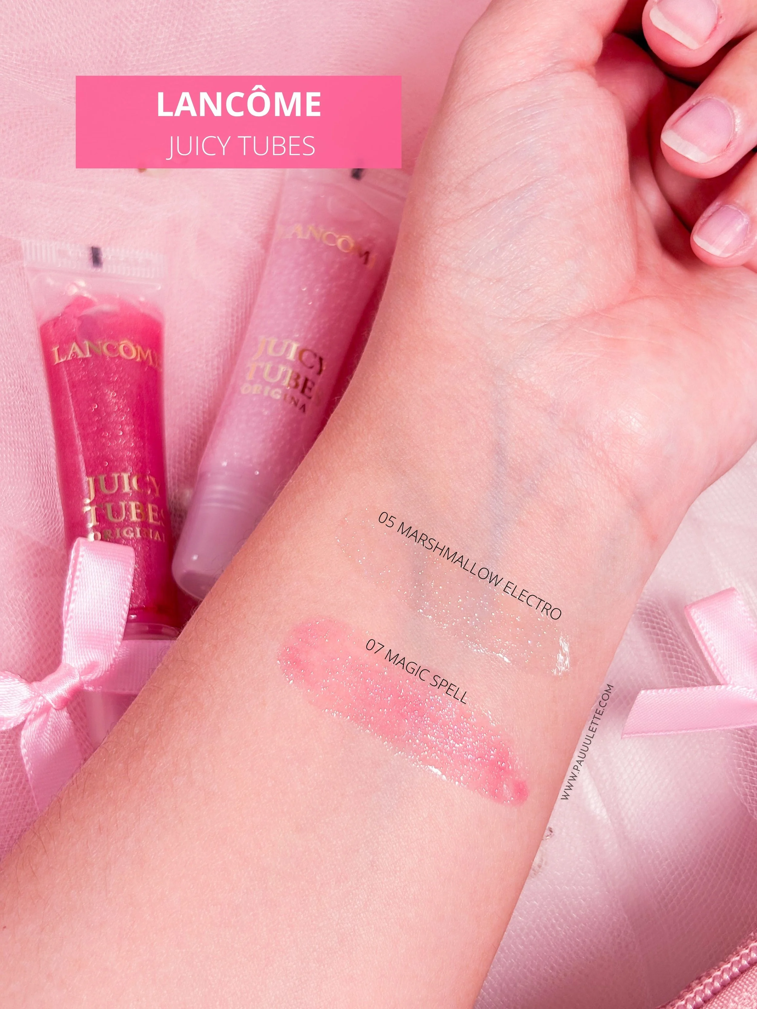 Swatches sur peau des gloss Lancôme Juicy Tubes Marshmallow Electro et Magic Spell