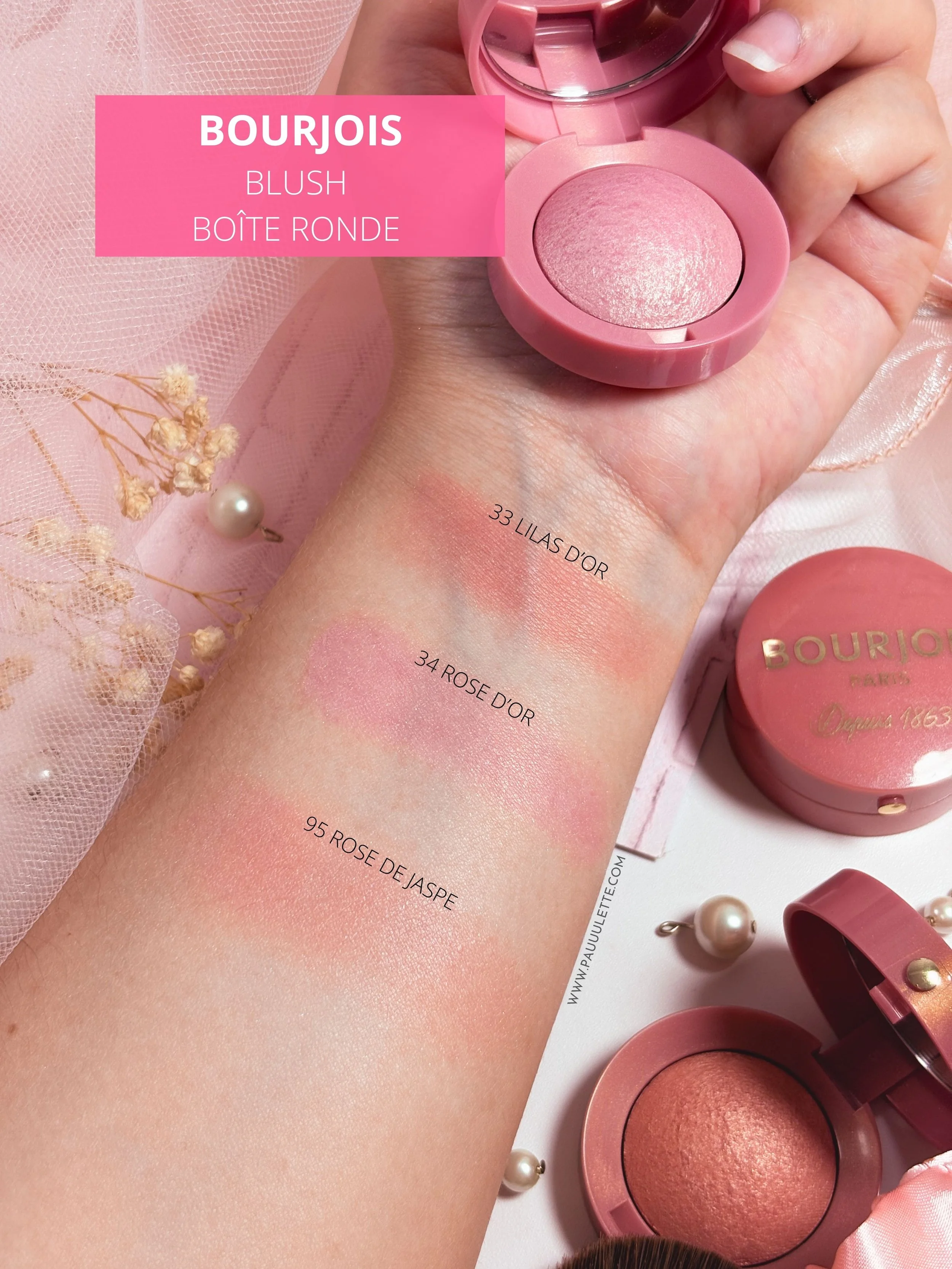 watches avant-bras des Blushs Boîte Ronde Bourjois 33 Lilas d'Or, 34 Rose d'Or et 95 Rose de Jaspe