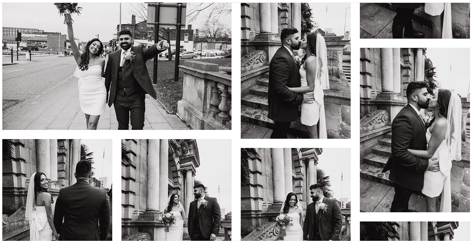 Pic-Time gallery screenshot featuring black and white wedding portrait thumbnails of the couple walking and embracing in the city.
