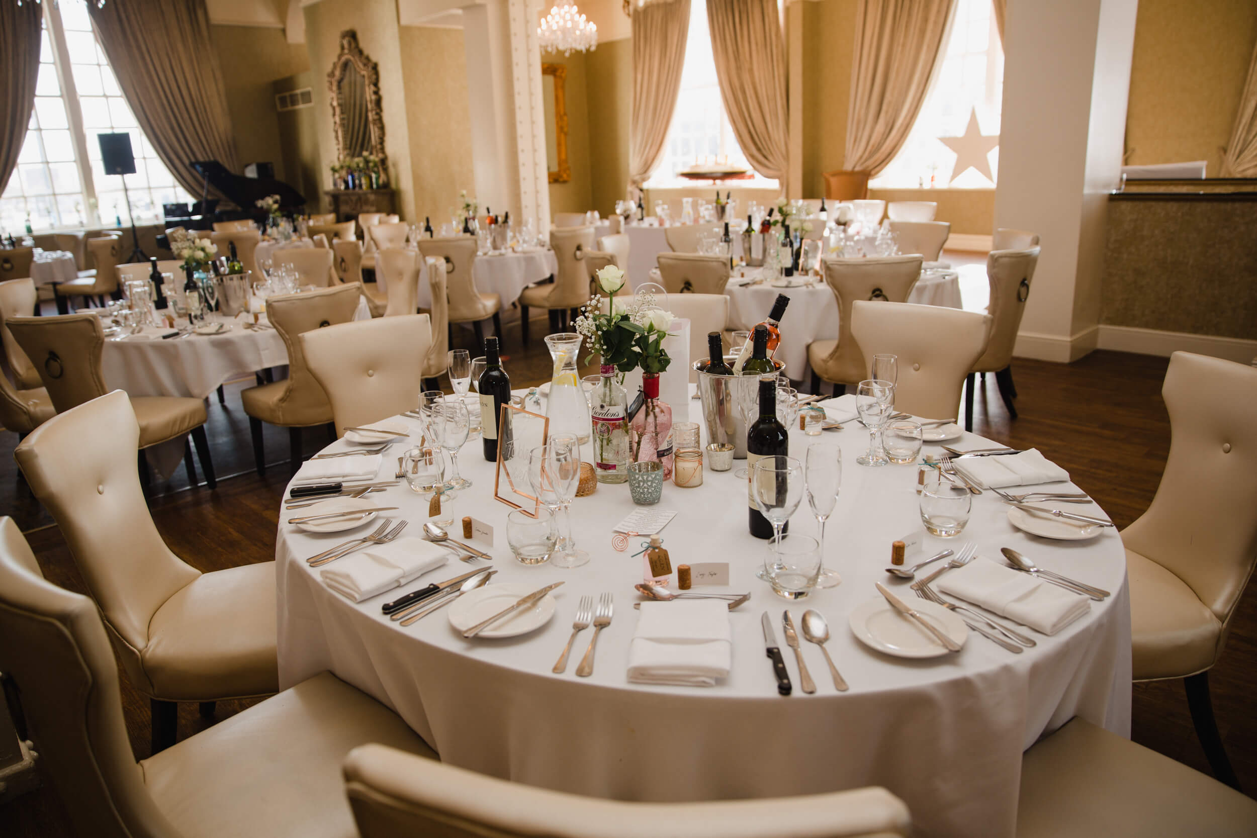 wide angle lens photograph of wedding breakfast setting