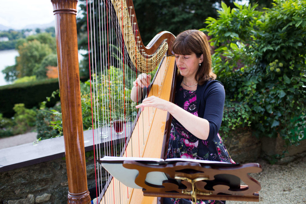 harpist playing music for wedding reception on the terrace of chateau rhianfa