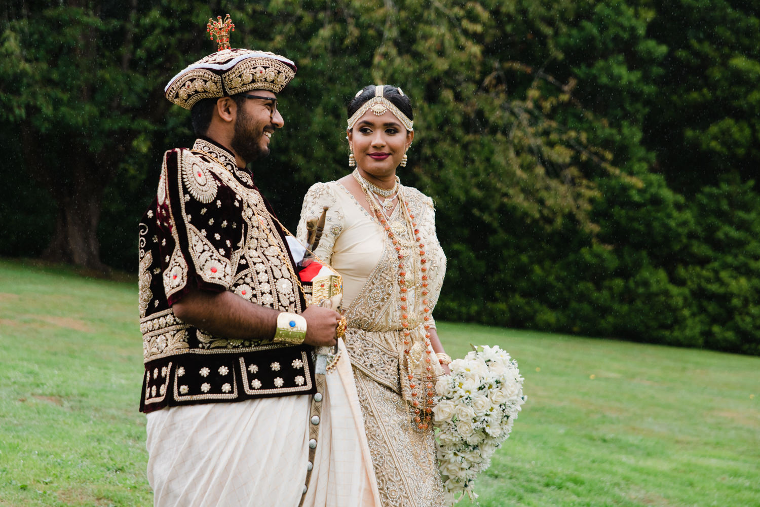 relaxed unposed portrait of newlyweds sharing a moment in the grounds of delamere manor estate