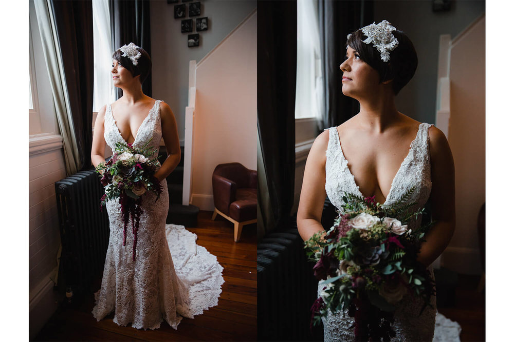 Copy of wedding portraits of bride in window holding bouquet of flowers before great john street hotel wedding ceremony