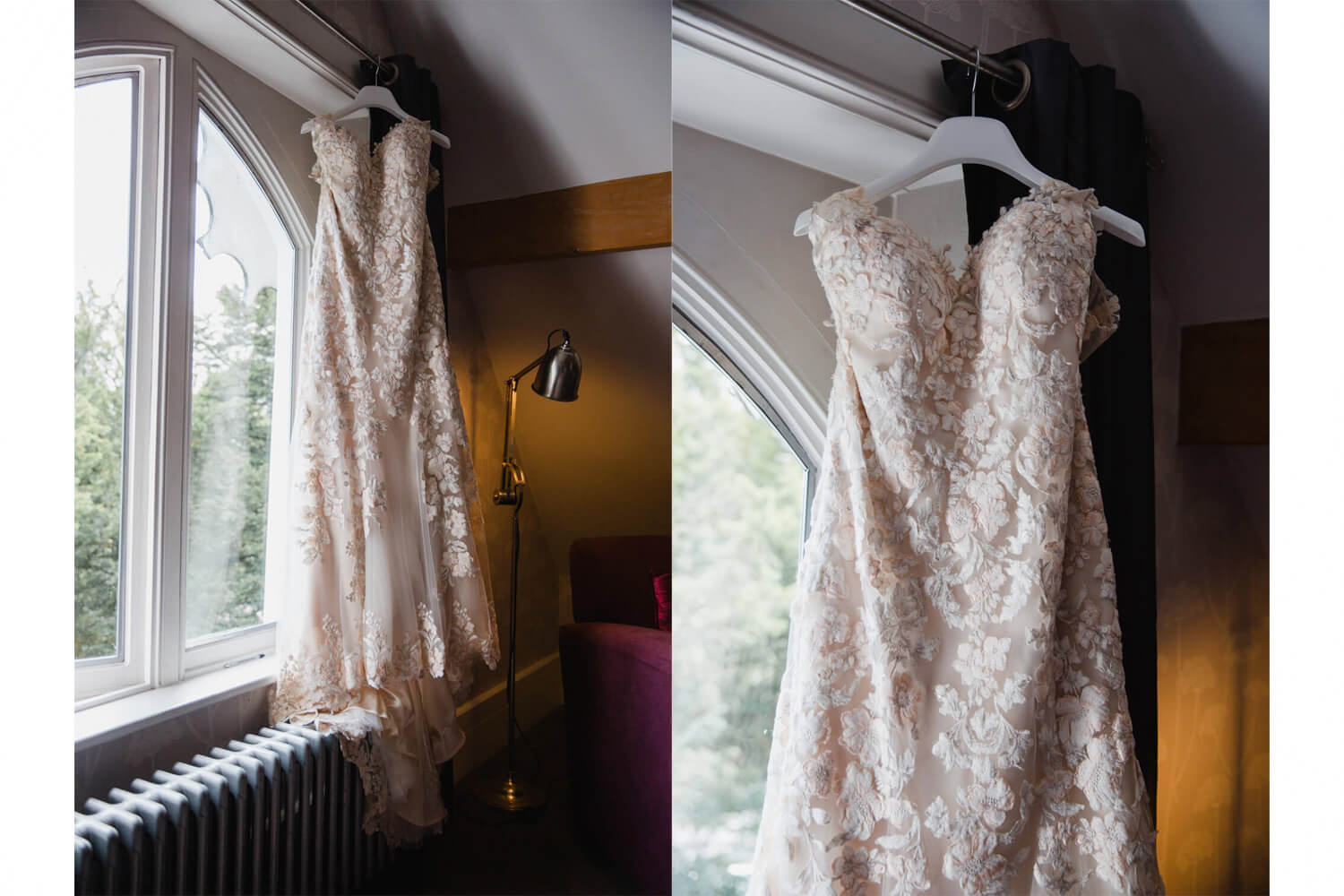 Photograph collage of wedding dress hanging in window in low light exposure