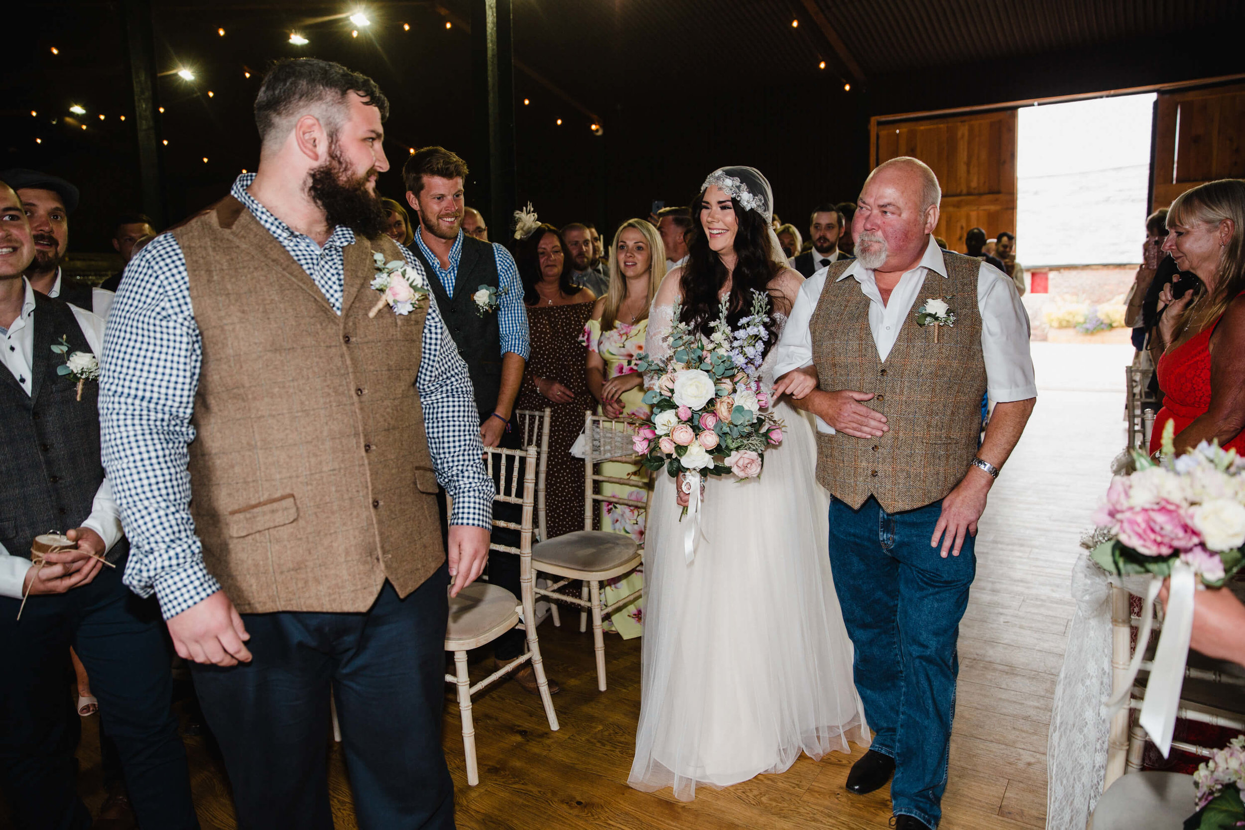 Bride full of confidence with big smiles walking to groom