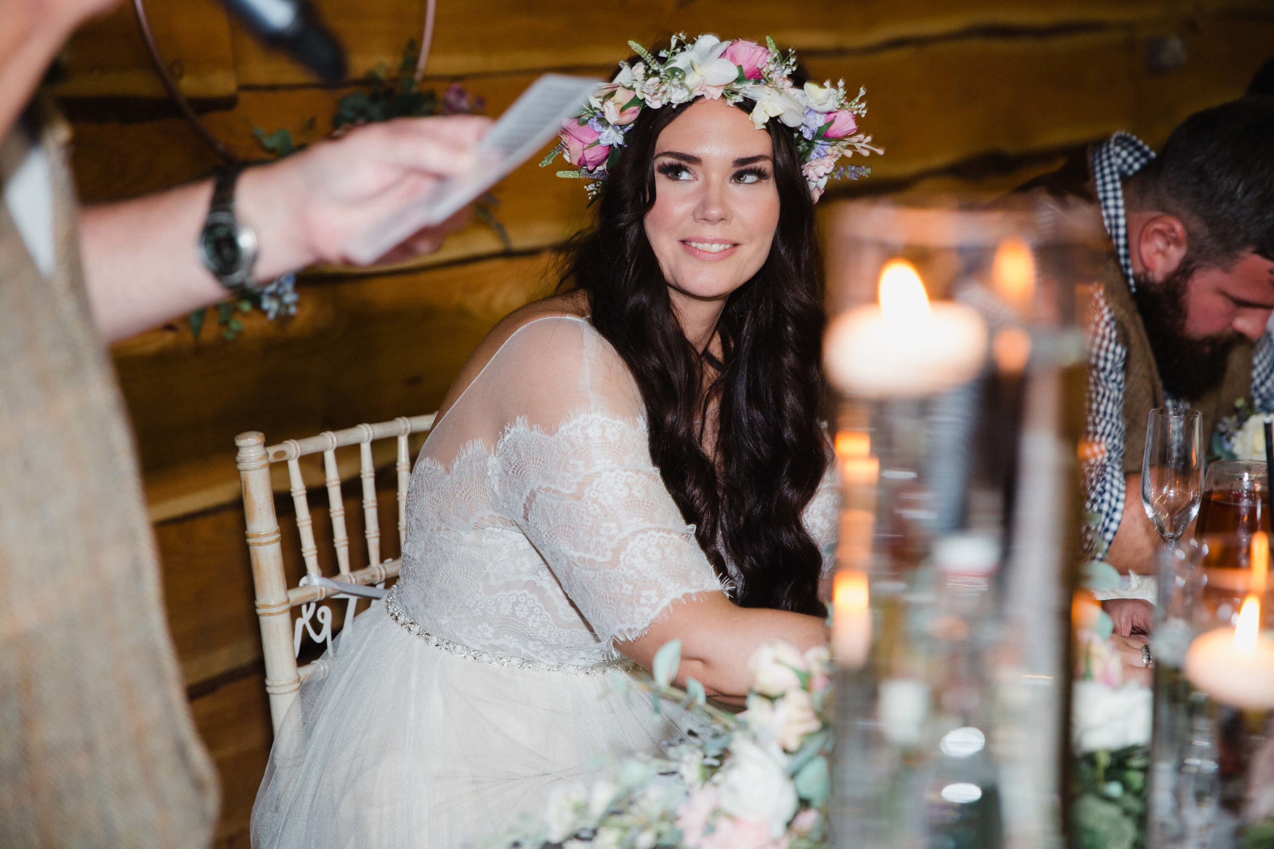 close up photograph of bride looking on at fathers speech