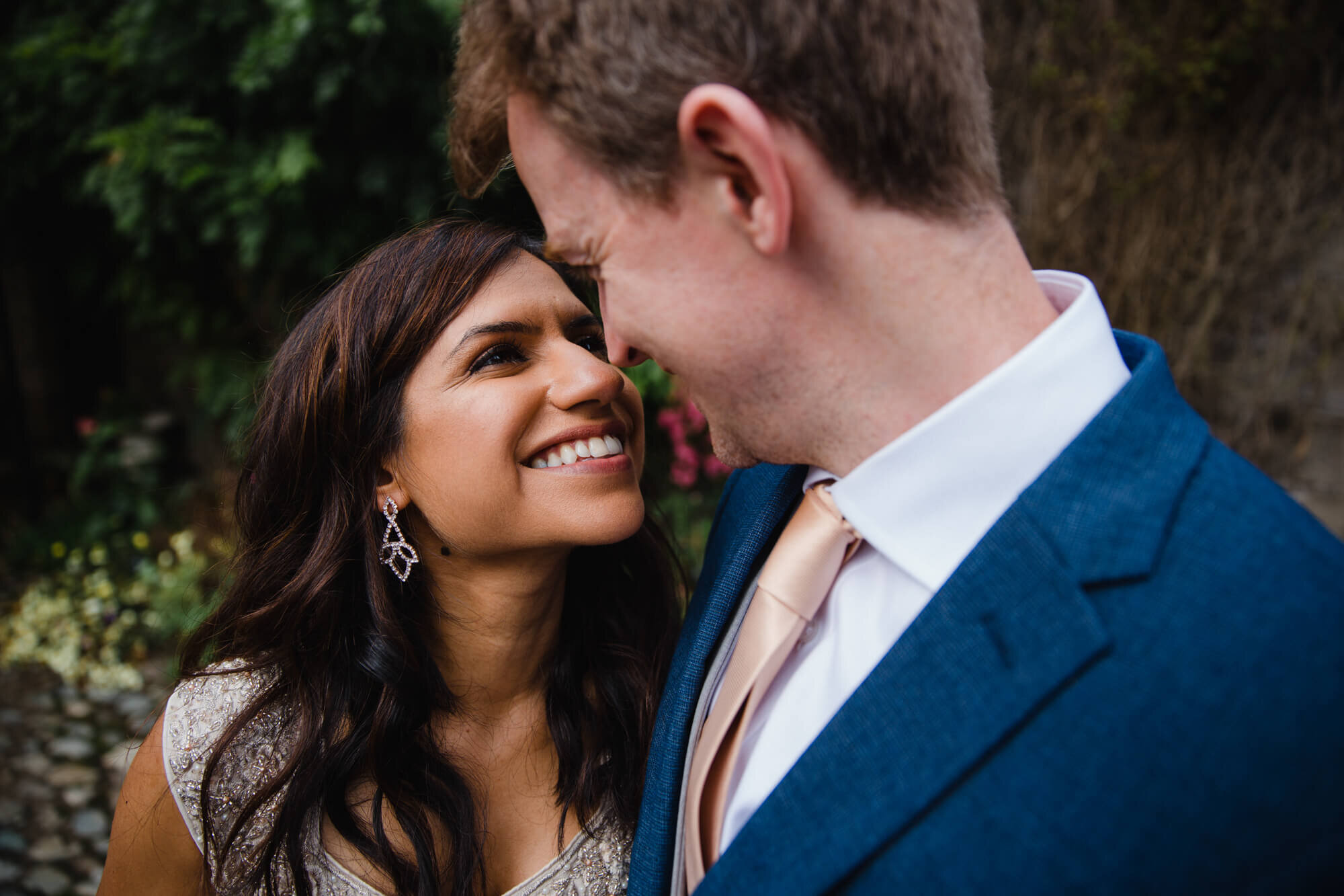 close up portrait of wedding couple sharing moment together