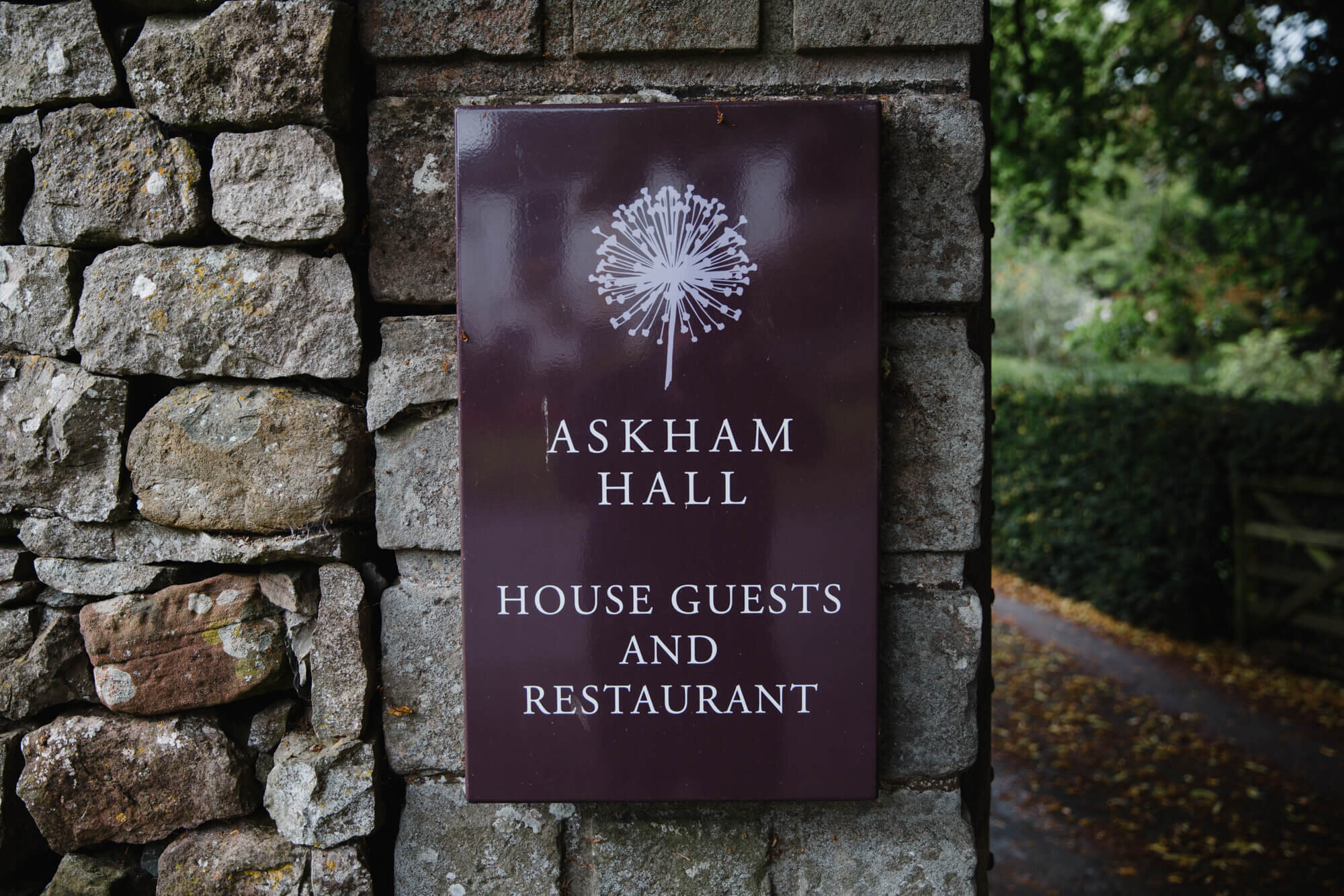 close up photograph of Askham Hall Wedding Venue sign