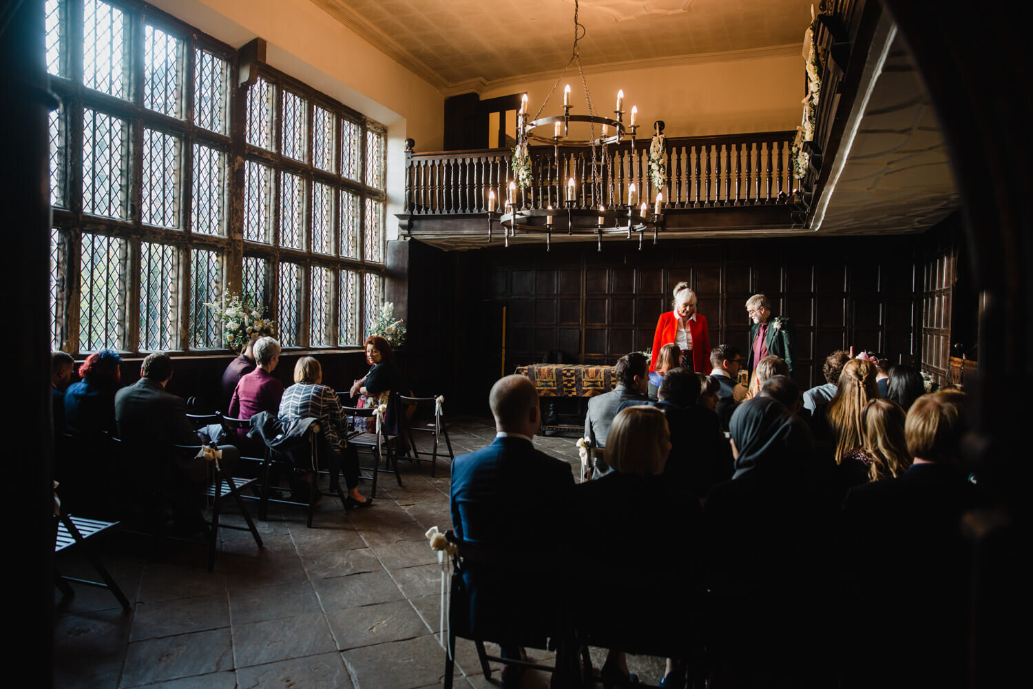 Oakwell Hall wedding ceremony room populated by wedding guests