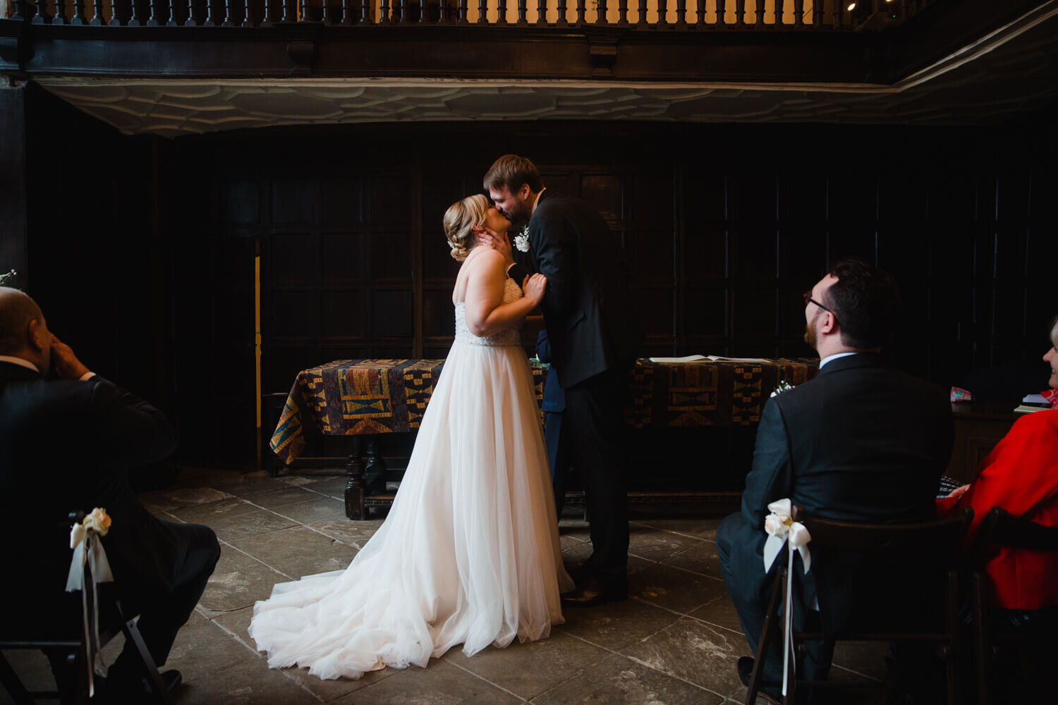 first kiss of newlyweds at oakwell hall