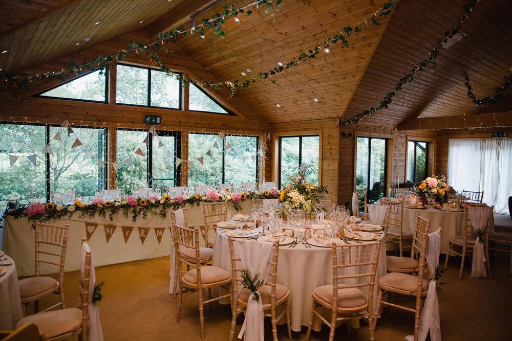 wide angle photograph of wedding breakfast set up