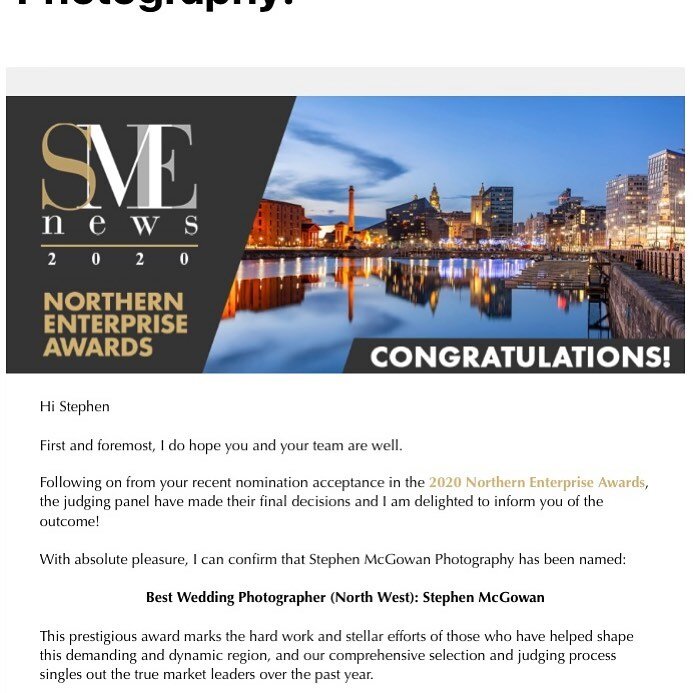 Delighted to be awarded &ldquo;Wedding Photographer of the Year&rdquo; by the Northern Enterprise Awards.
Thank you for the award and congratulations to all other Northern businesses who won!
#northernenterpriseawards #northernenterpriseawards2020 #w