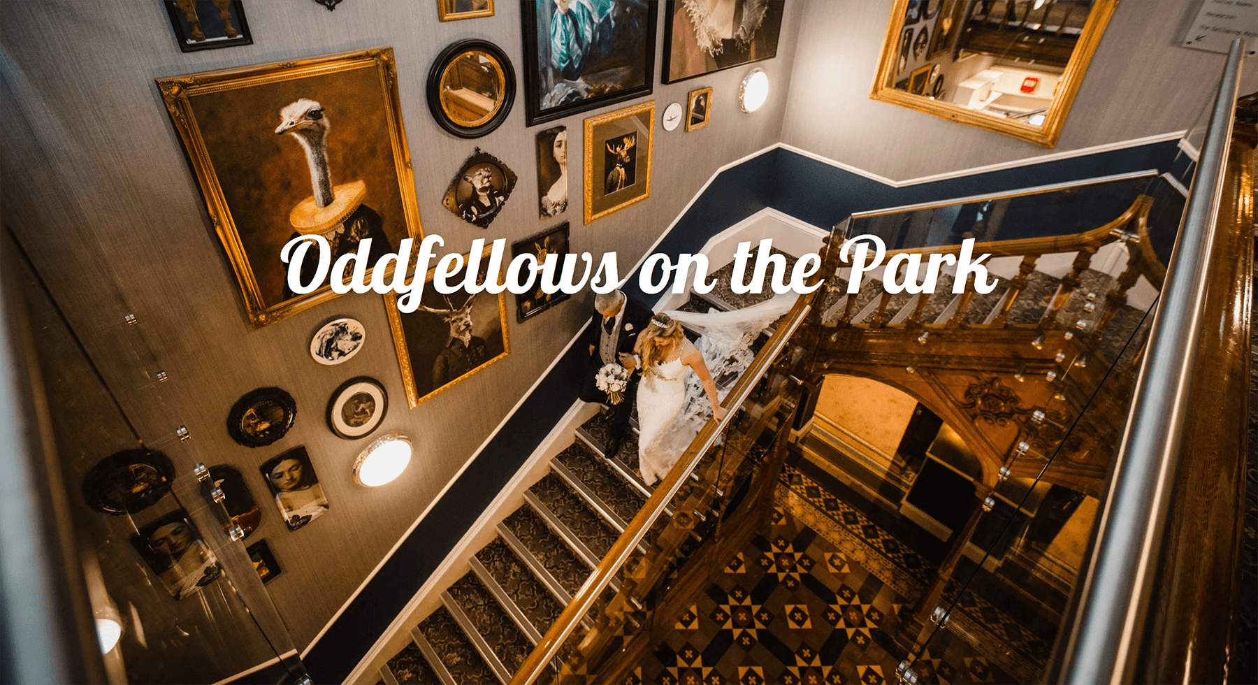 Oddfellows on the Park wedding photography showcase link featuring staircase wedding portrait
