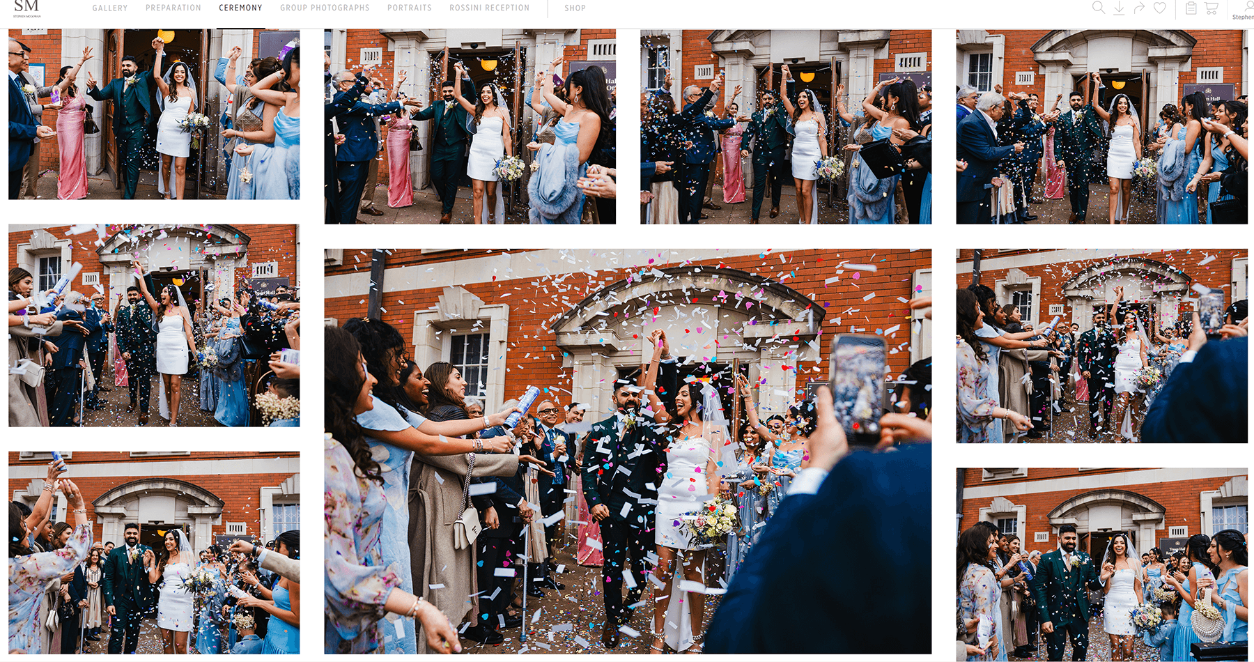 Screenshot of the Pic-Time gallery showing confetti exit thumbnails of the couple walking through guests outside the venue.