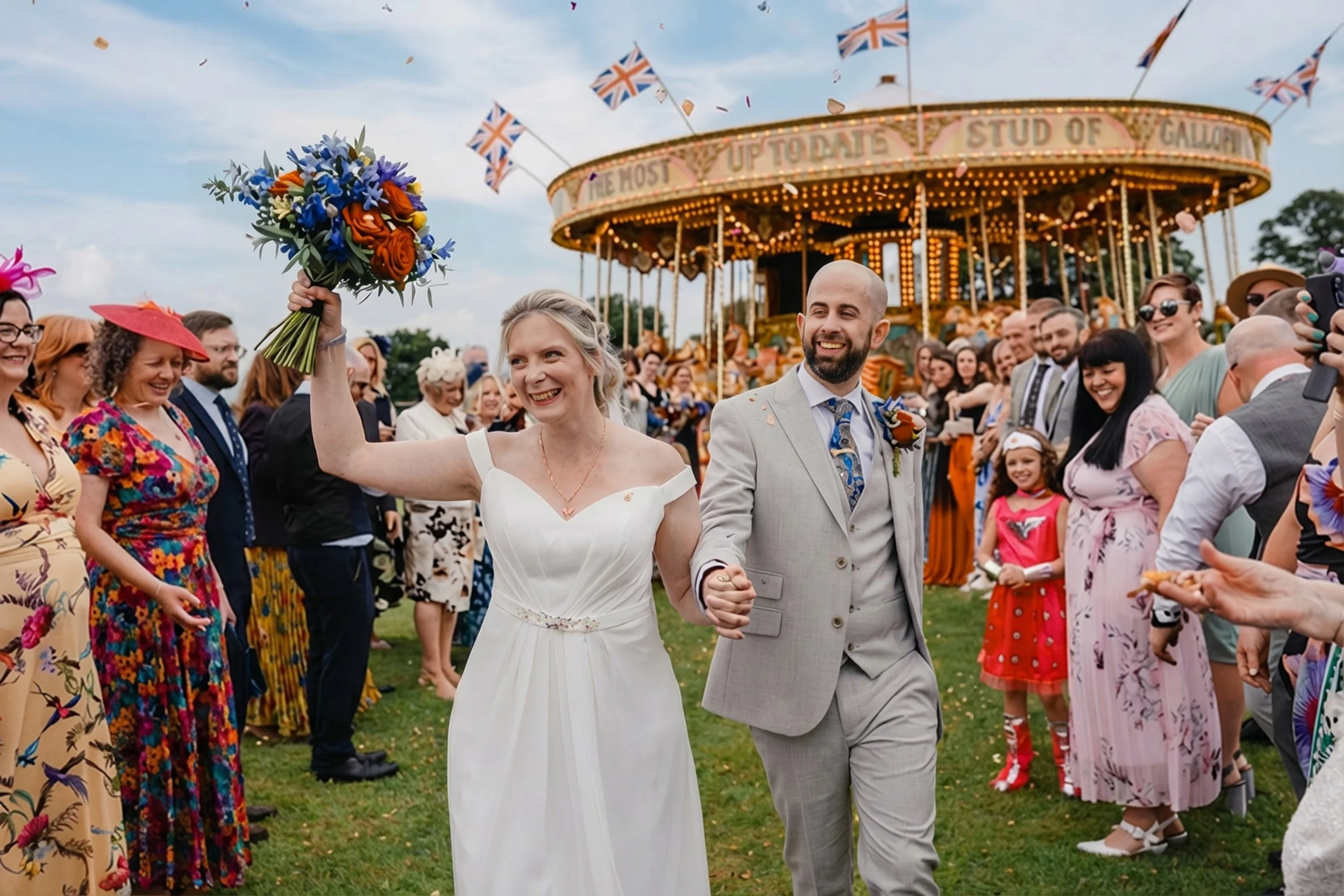 Bride and groom celebrating with confetti in front of the fairground carousel during their Superhero Heaton House Farm Wedding.