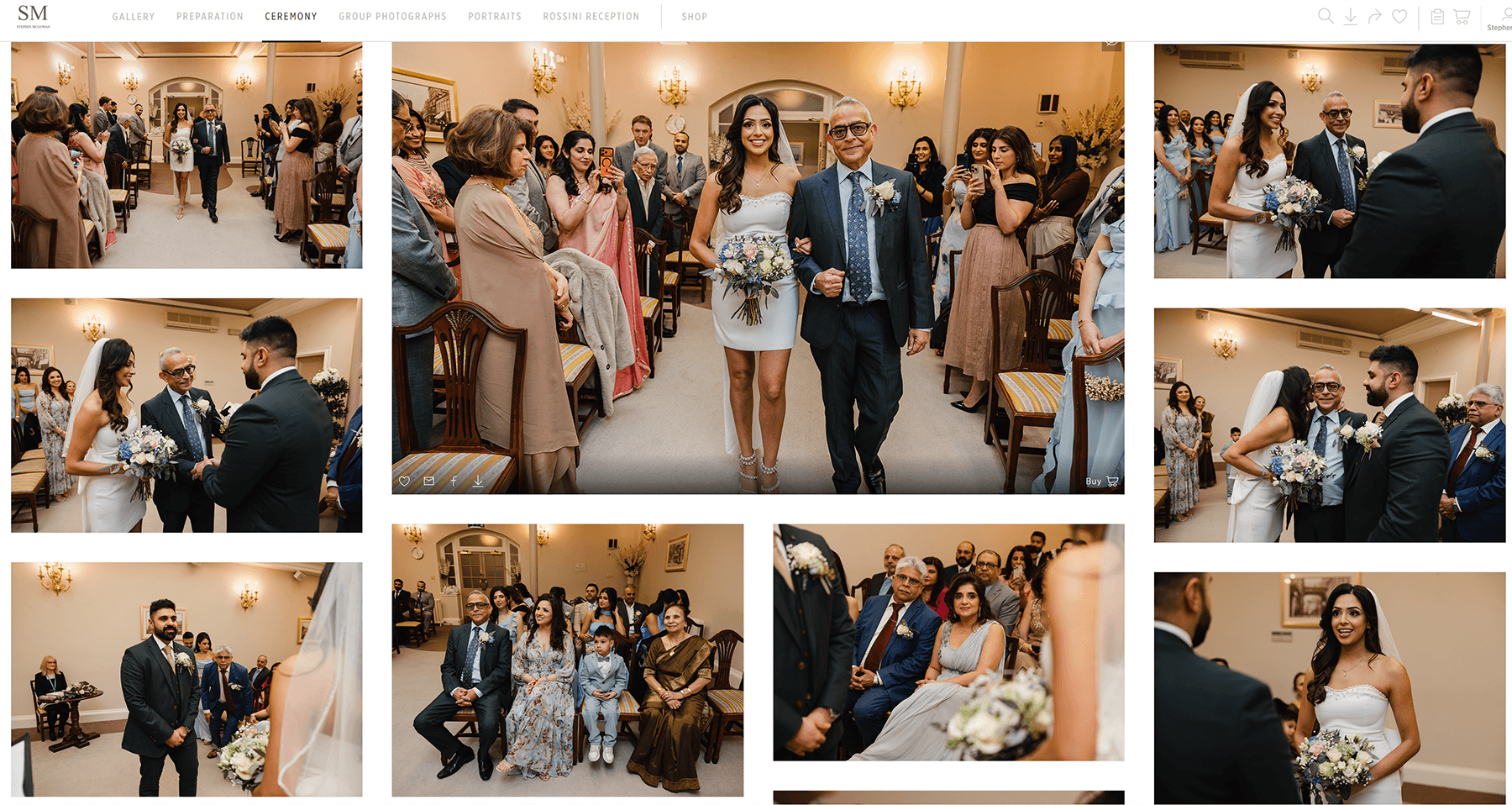 Screenshot of the Pic-Time wedding gallery showing the Ceremony section with thumbnails of the bride walking down the aisle.