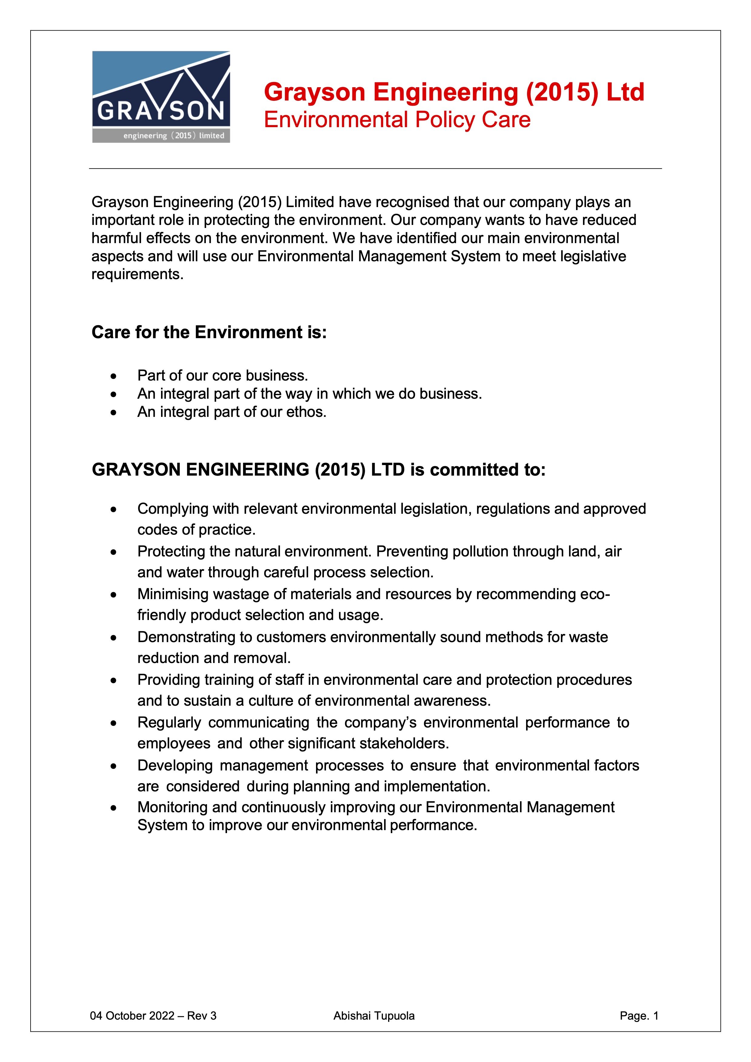 Engineering Policy Document Example Environmental — Grayson Engineering Ltd