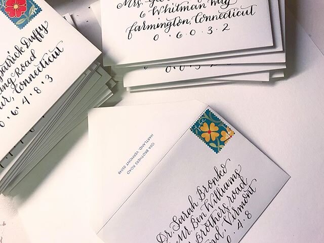 Finished this set of Save the Dates from @shelburnegift - heading out in tomorrow&rsquo;s mail for Sarah and Ben! #calligraphy #savethedate #vermont #vt #handlettering