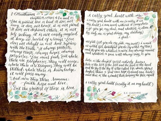 Two commissioned pieces for Laura to gift for a friend&rsquo;s wedding in South Africa. So cool to think where your art May live around the world 🌍 . . .
#handlettering #calligraphy #icarryyourheart #eecummings #corinthians #poetry #vermont #vt #ver