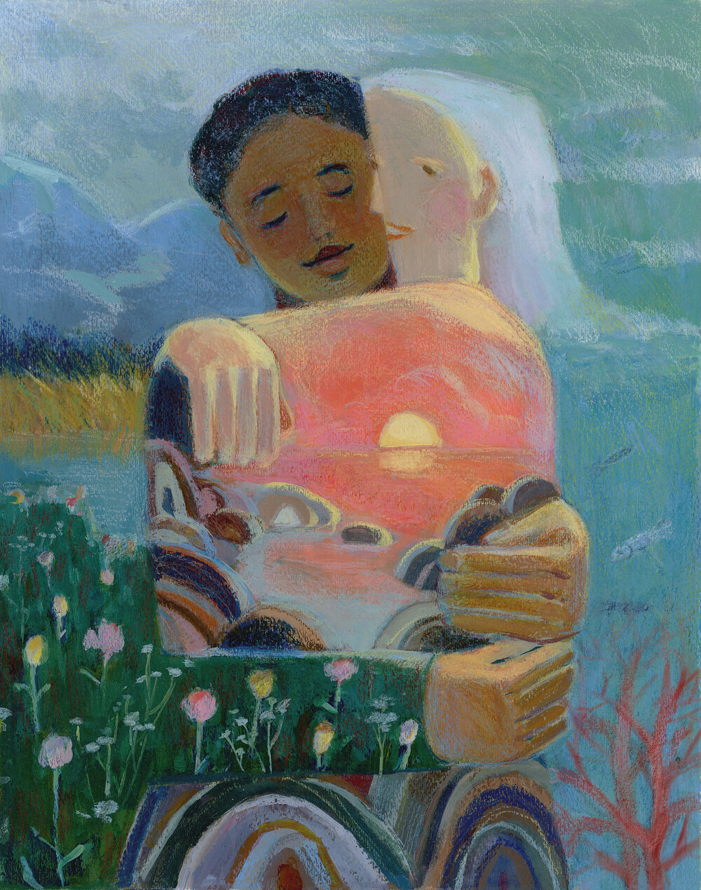soft crayon or pastel drawing titled The Good Morrow of two women of different races embracing in a mountain lake landscape while another landscape forms their intertwined bodies