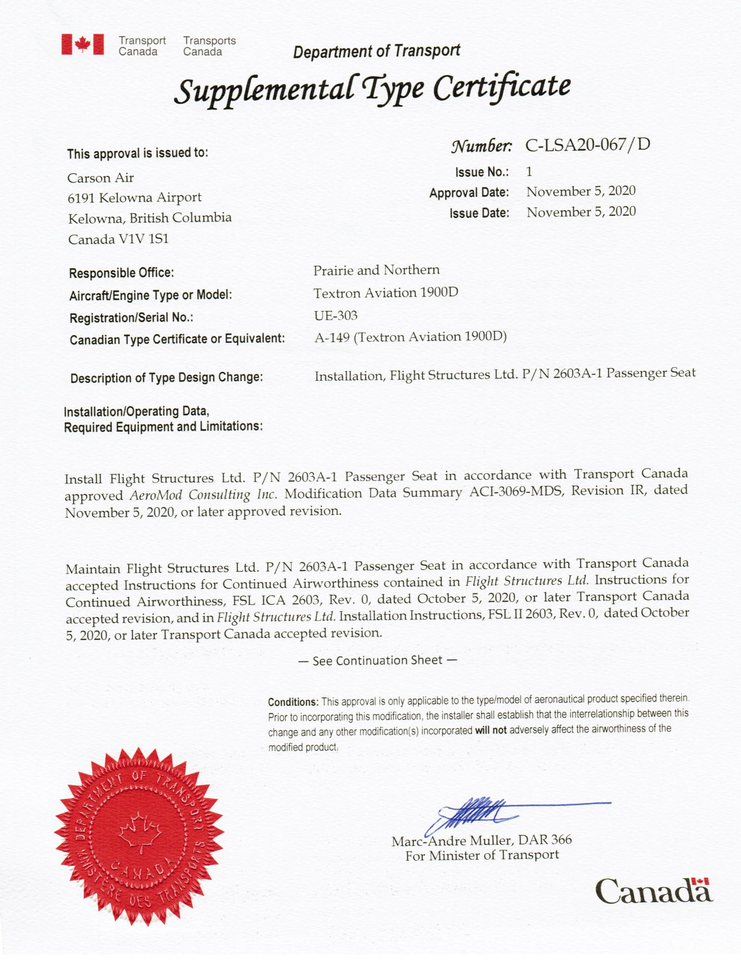 STC for Beech 1900D Seat