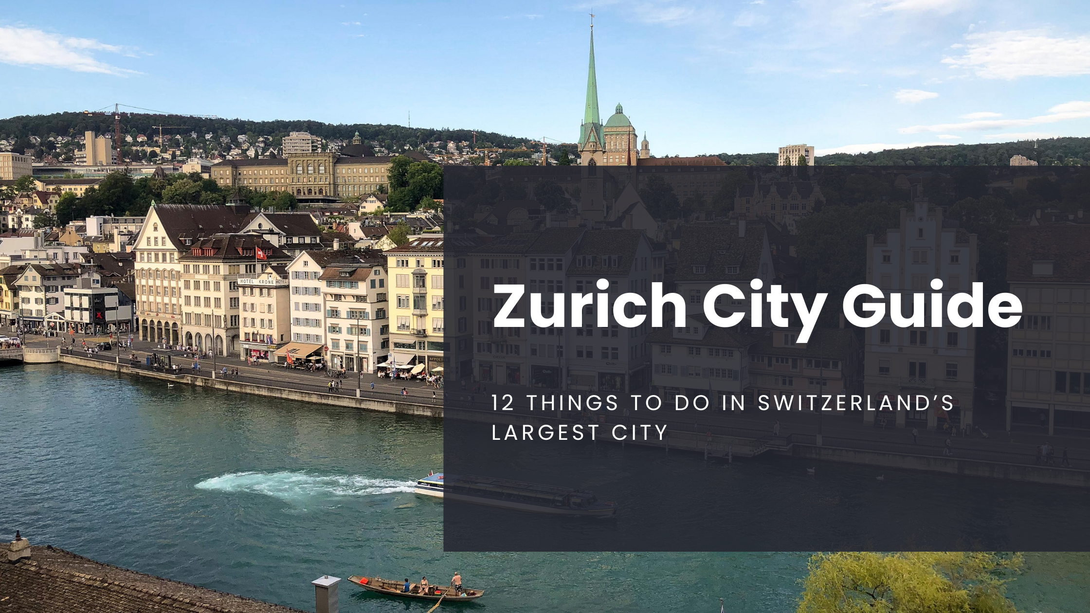 The River Limmat as seen from above in city center Zurich, Switzlerland, with boaters enjoying a crisp evening on the water