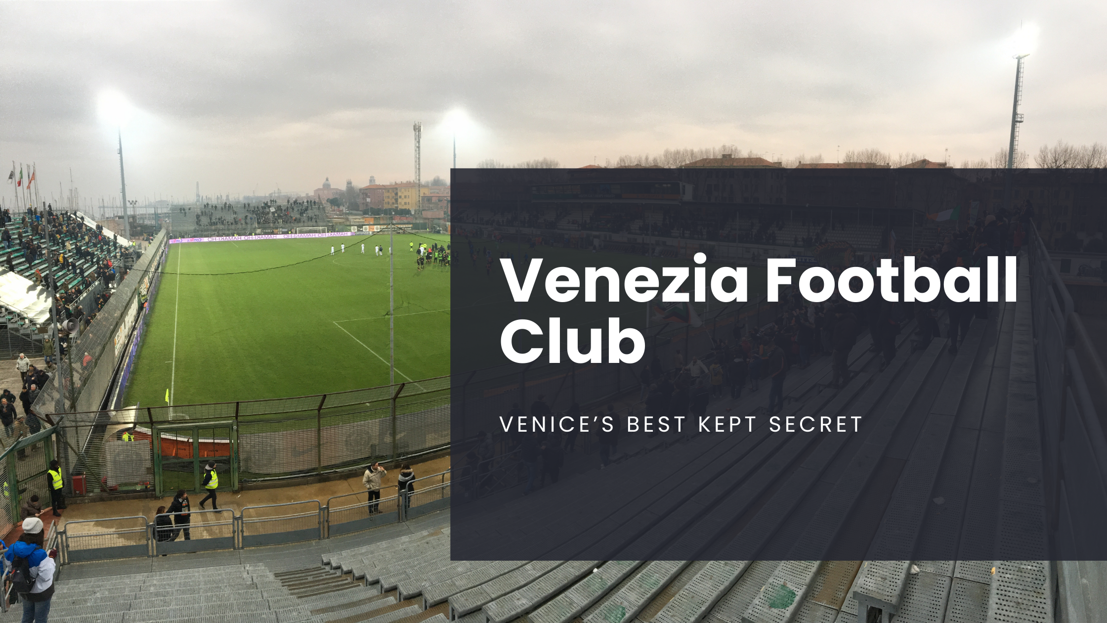 The pitch at Stadio Pierluigi Penzo in Venice, Italy is illuminated on a gray winter day after a Venezia FC match