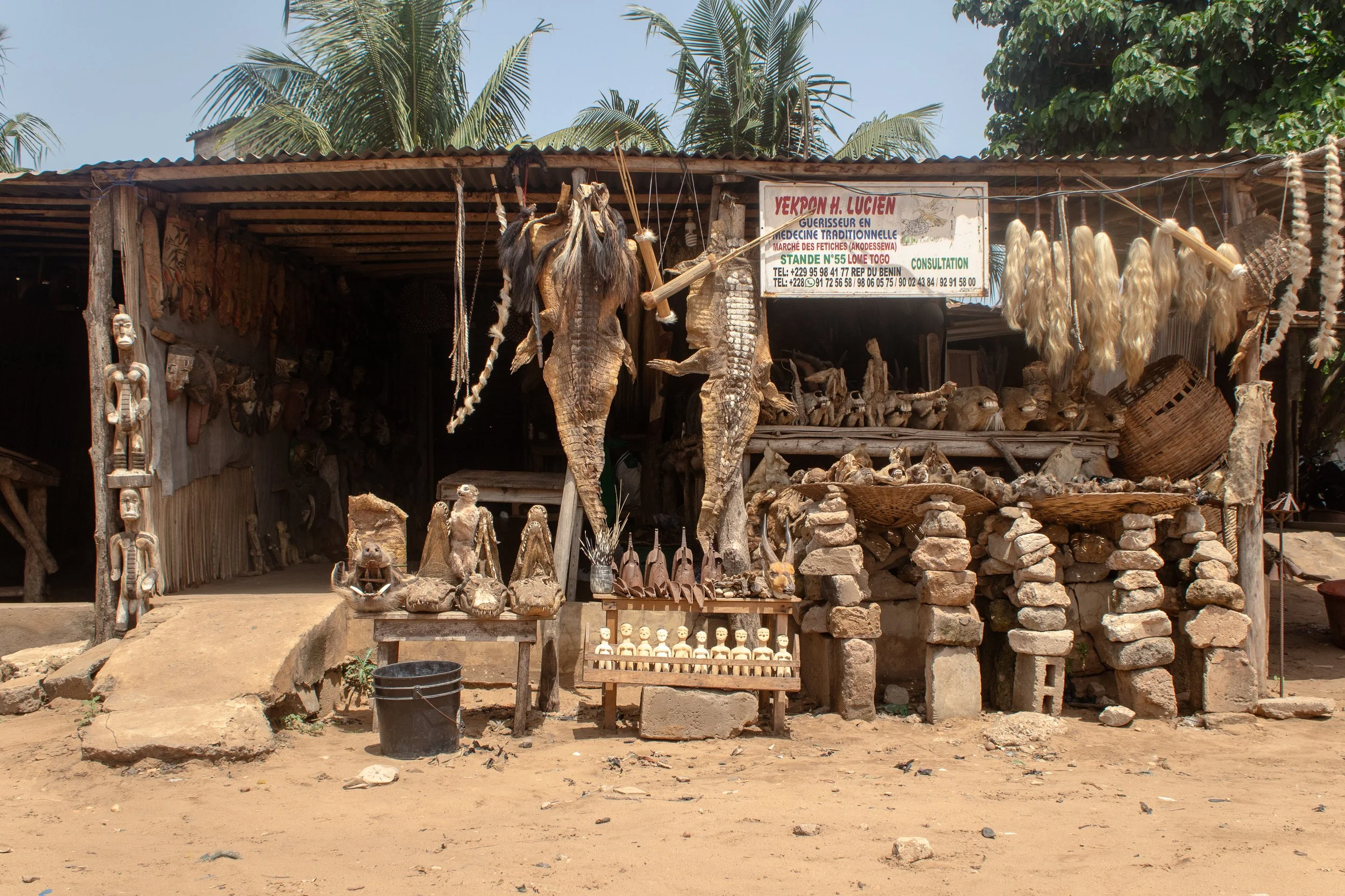 A seller displays his inventory of alligator skins, ox tails, sheeps heads, and more in the dusty Akodessawa Fetish Market in Lome, Togo