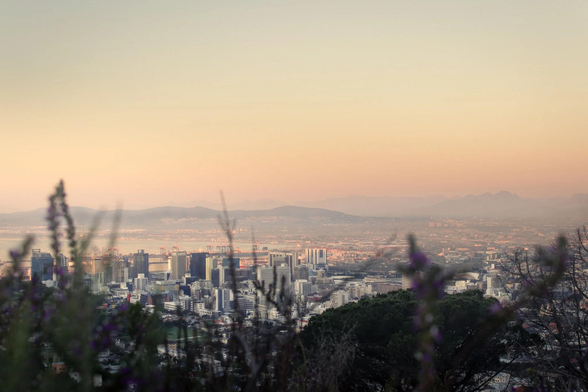 The sun sets over downtown Cape Town, South Africa