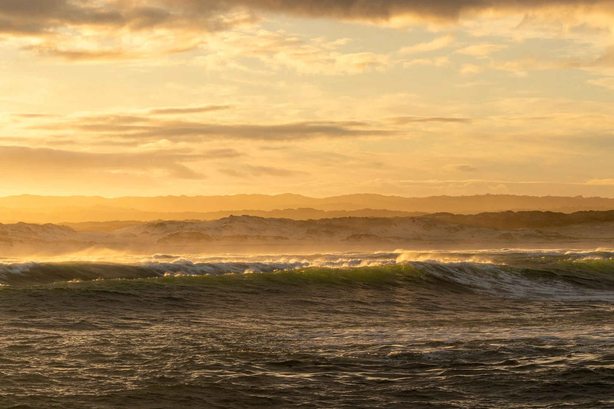 The morning sun hits the waves in the bay of Hermanus, South Africa