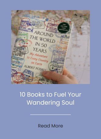 Book titled 'Around the World in 50 Years' held in hand, with travel stamps and a map background.