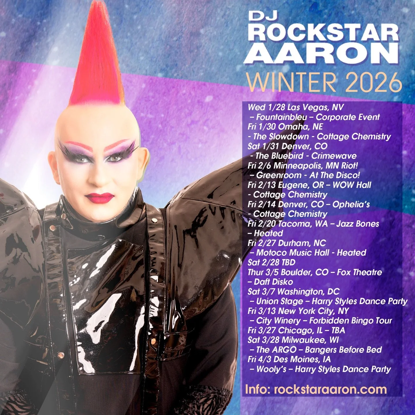 Here&rsquo;s the details on all my upcoming shows - and I&rsquo;m hitting so many new cities! 🚀✨more details visit rockstaraaron.com 

Fri 1/30 &ndash; Omaha, NE &ndash; The Slowdown &ndash; Cottage Chemistry
Sat 1/31 &ndash; Denver, CO &ndash; The 