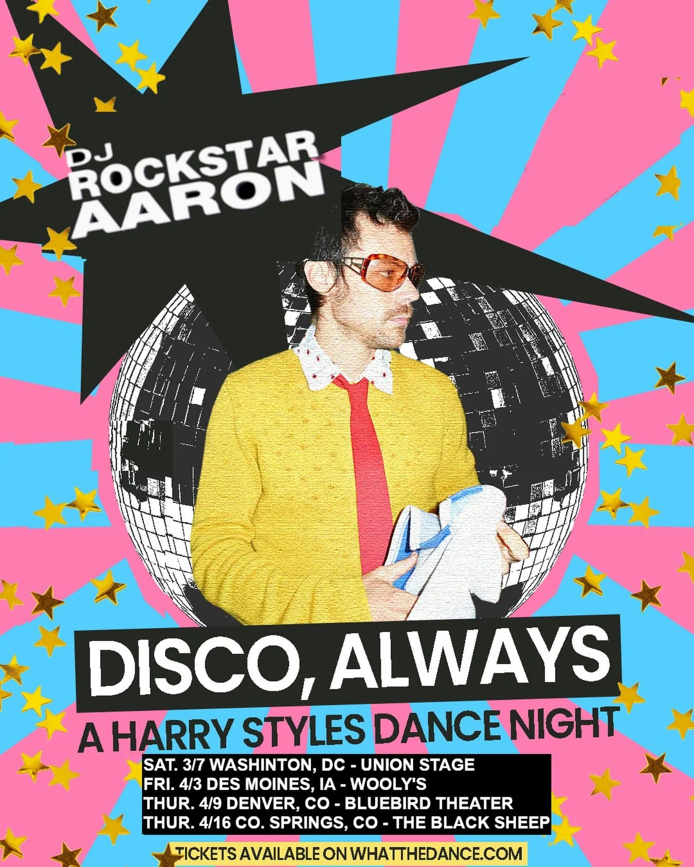 DES MOINES! DENVER! CO SPRINGS! ✺✦ DISCO, ALWAYS: A HARRY STYLES DANCE NIGHT ✦✺ coming to a city near you! 
PARTY &amp; KISS &amp; DISCO &amp; DANCE all night long with us as we celebrate Harry&rsquo;s new record! Presented by @thedanceparties