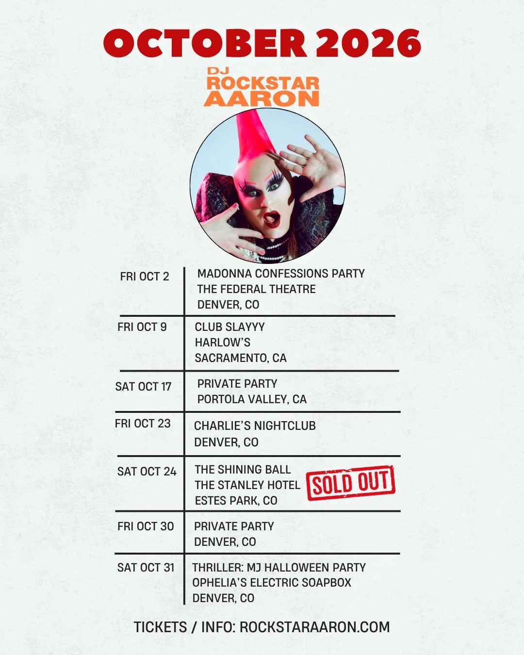 October! 👻Can&rsquo;t wait to see you in Denver, Sacramento, San Francisco &amp; Estes Park. Halloween I&rsquo;ll be at Ophelia&rsquo;s in Denver limited free tix are available on Ticketmaster.
