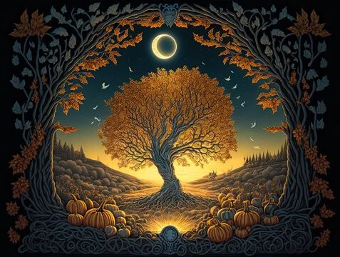 A mystical scene with a portal and inside the portal a central tree with a crescent moon overhead and pumpkins and forest around the central tree.