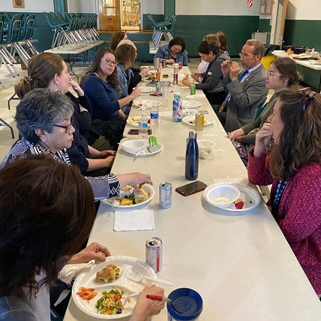 Our SCS  team gathered  today to break bread and plan upcoming  school events . Stay tuned for more details about Cinco de Mayo , May Crowning, community gardening and more.
