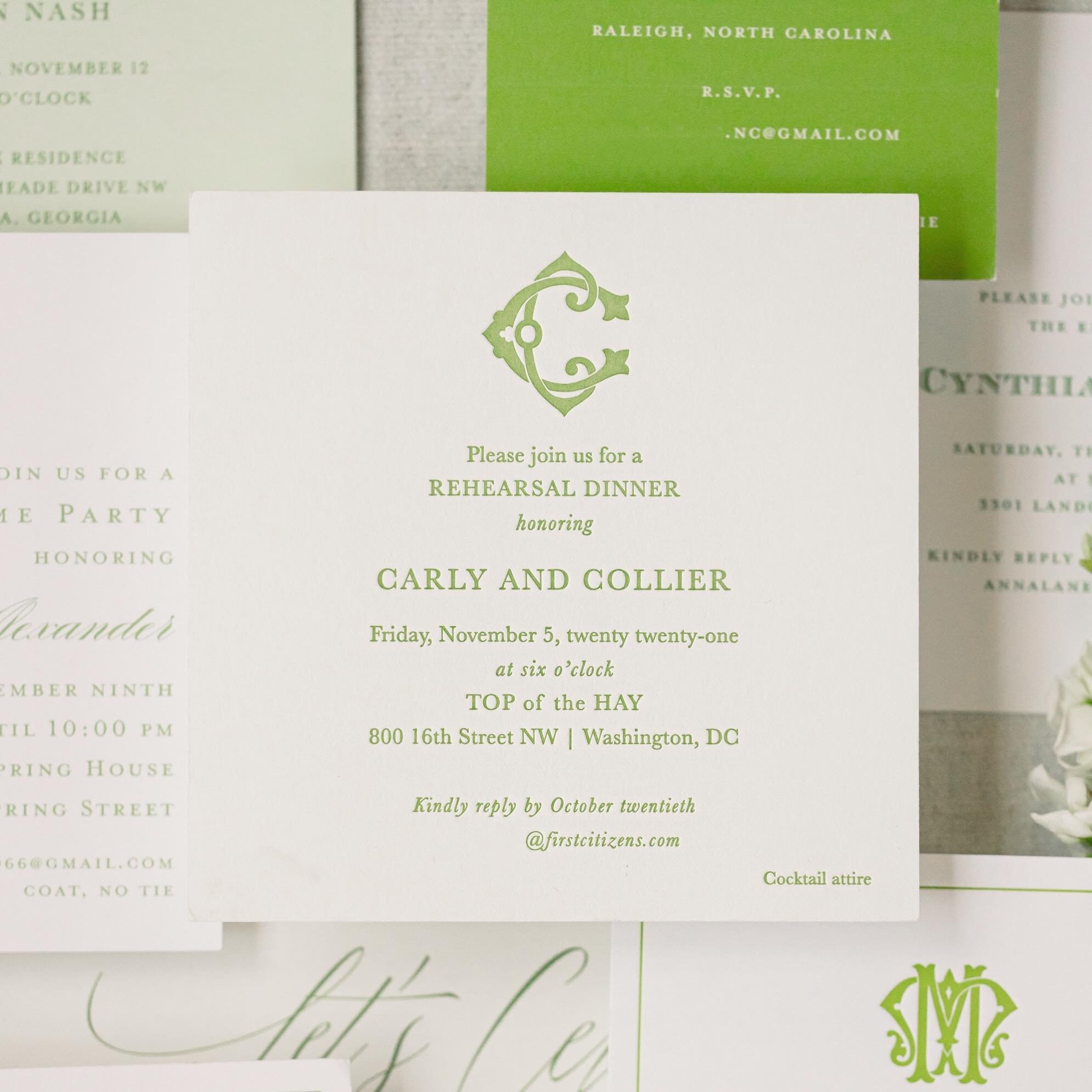 green green green 💚 we love the chic simplicity of this letterpress rehearsal dinner invitation. personalize an invitation for your next f&eacute;te on our site in just a few clicks!