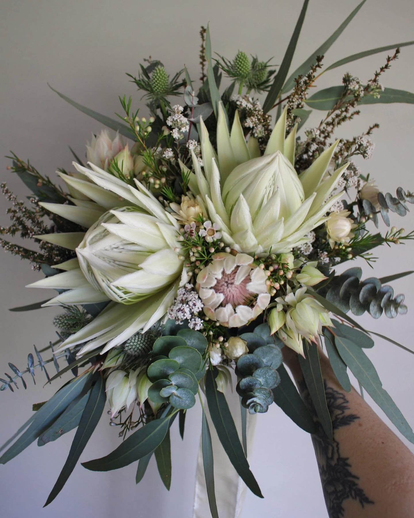 Beautiful white king proteas for Lauren ✨
An ode to her South African heritage. I had the absolute pleasure of attending and celebrating Lauren &amp; Sean&rsquo;s special day on Sunday 🫶
Thank you both for trusting me with your wedding flowers and h