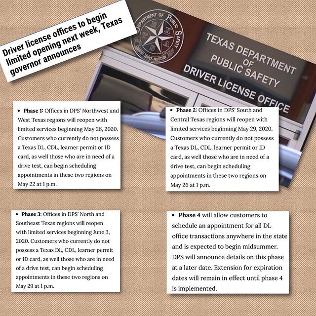 The Texas Department of Public Safety will begin opening driver license offices in phases on May 26.
The offices will offer limited services and appointments will have to be made by drivers ahead of time. The appointment system will be available on t