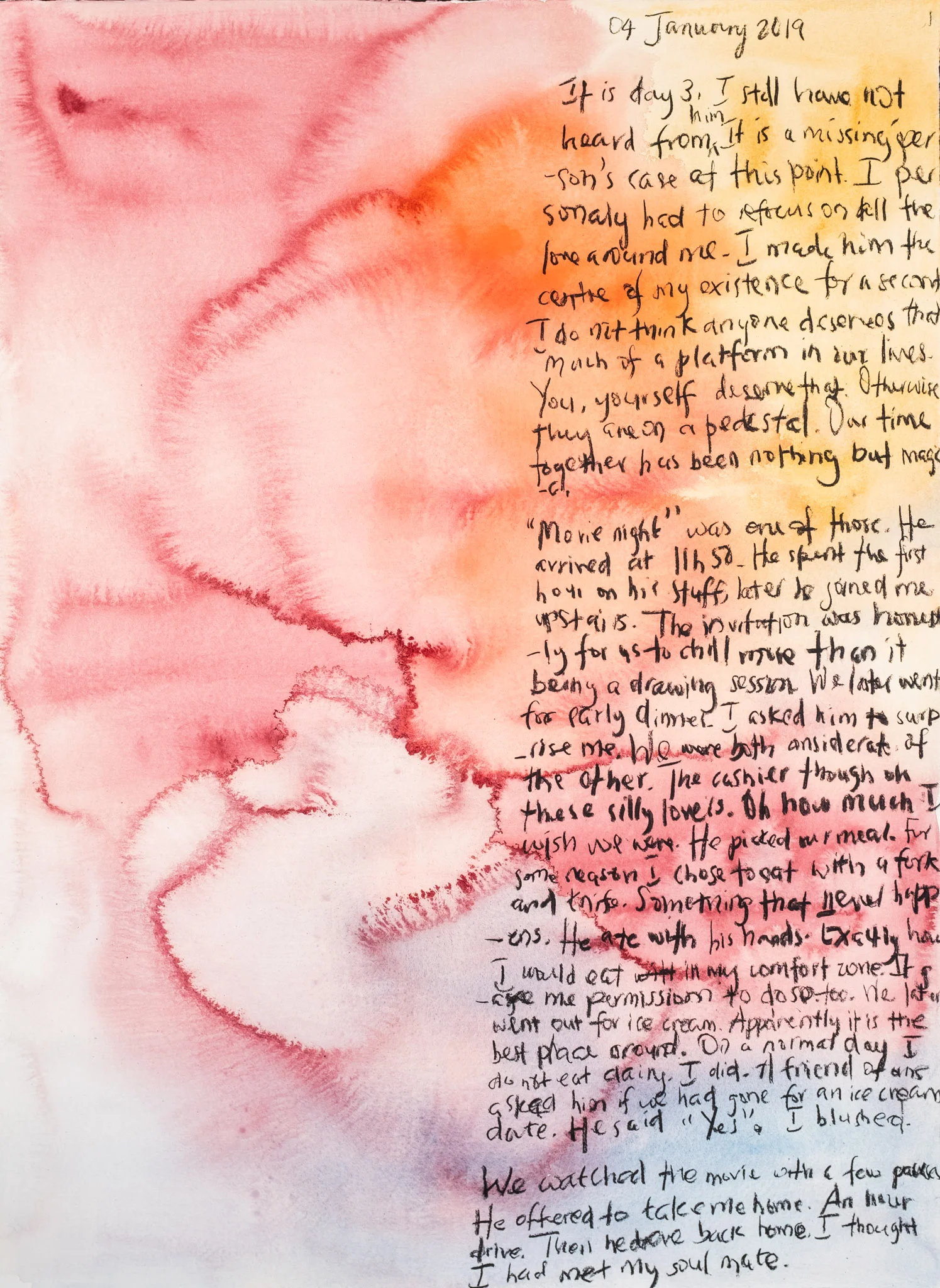 I Thought I Had Met My Soul Mate. 2019Acrylic Ink and Charcoal, on Paper98cm x 107cmPrivate Collection