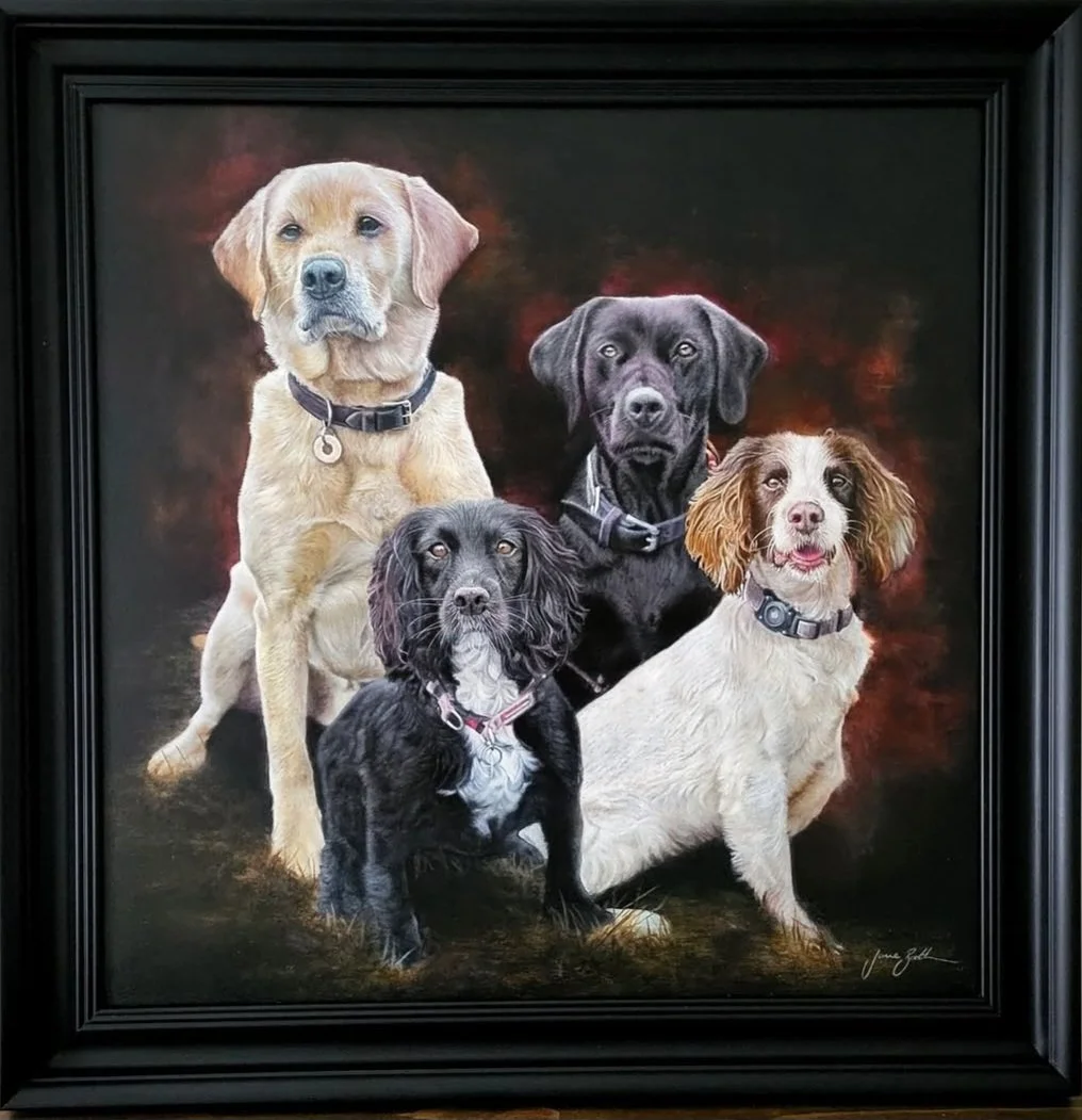 Buddy, Betty, Lady & Shiloh - 28" x 28" - Oil on Panel - Past Commission