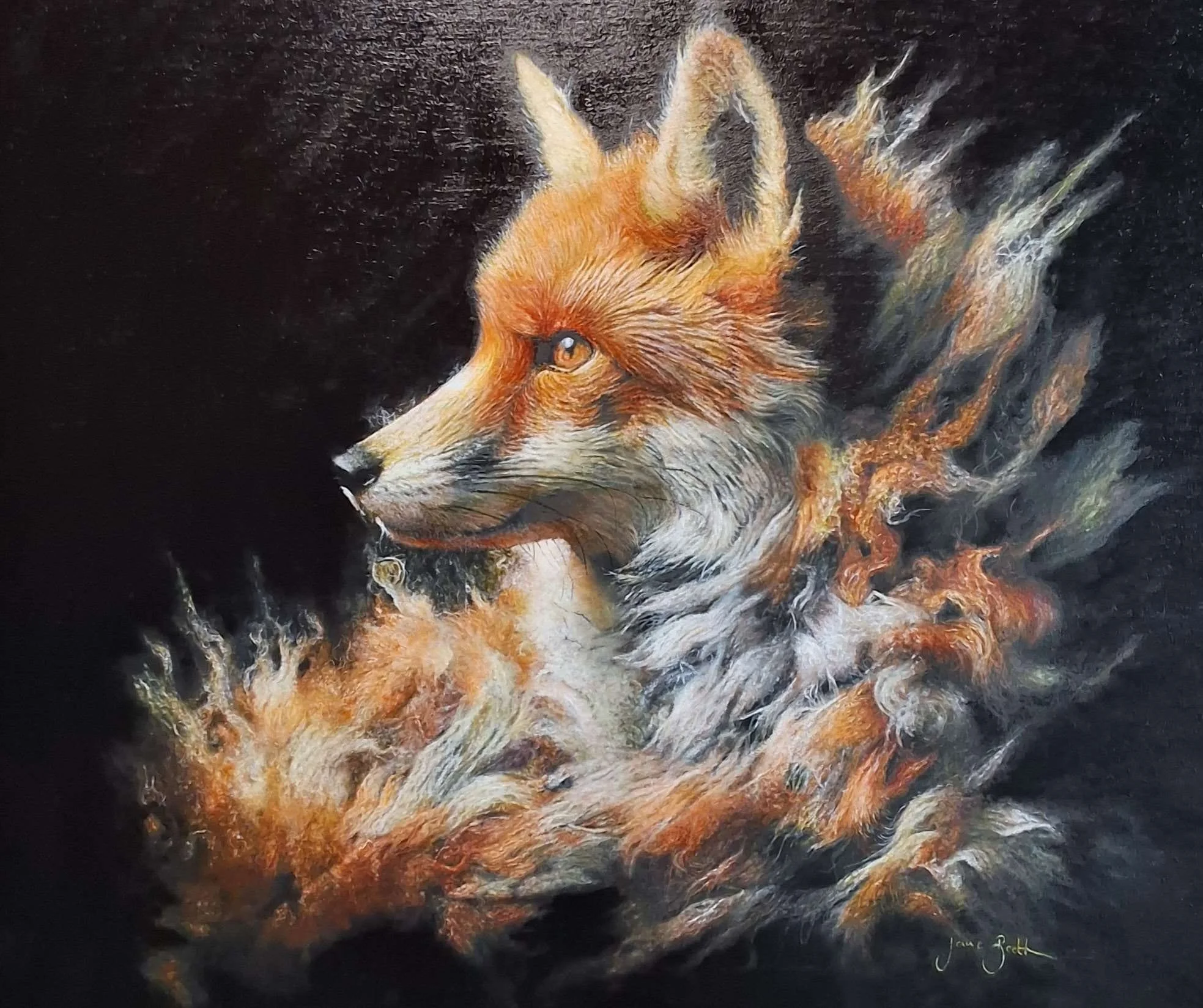 A realistic oil painting of a fox with a black background.